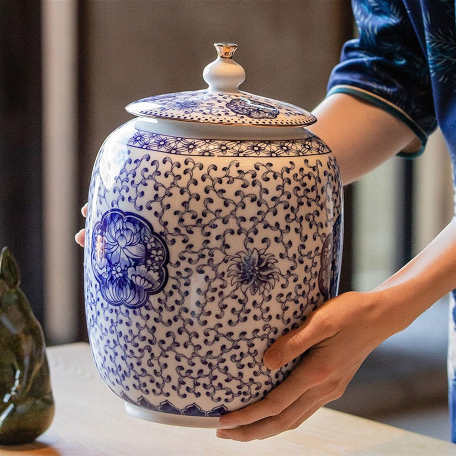 Ceramiczne pojemniki do herbaty Jingdezhen ceramiczny pojemnik uszczelniający na herbatę Puerh słoik do przechowywania herbaty duże ozdoby salonu(Średni)