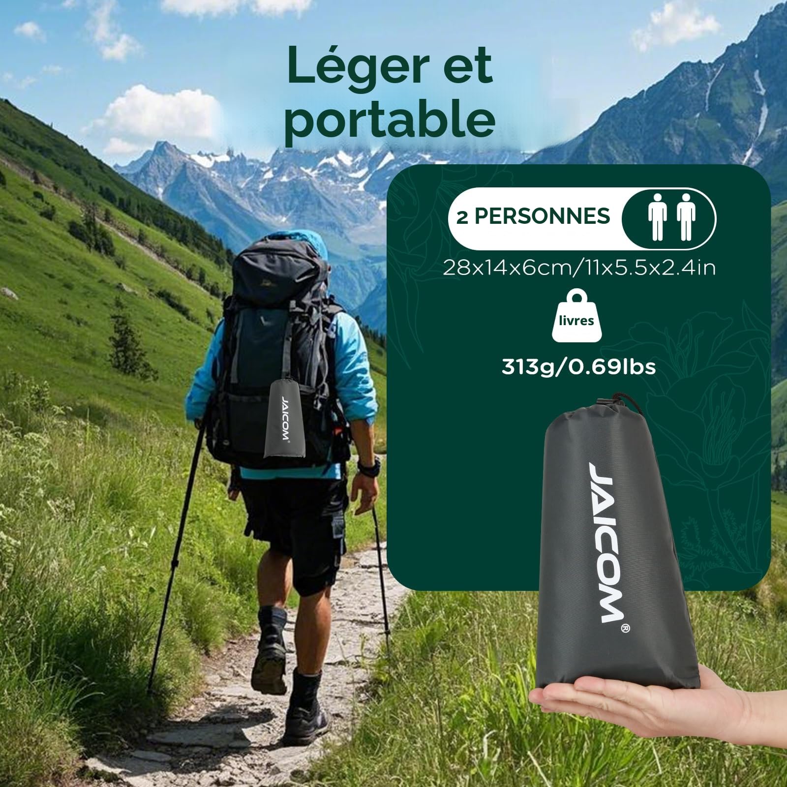 JAICOM Bâche de Tente Ultra Léger Imperméable 2 Personnes Camping Randonnée