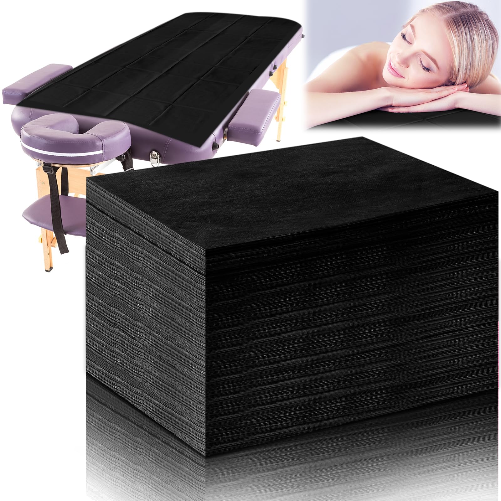Tatuo 50 Pcs Disposable Massage Table Sheets, 31" x 70" Non Woven Fabric Bed Covers, Breathable Single Use for Spa, Lash, Beauty Salon and Tattoo (Black)