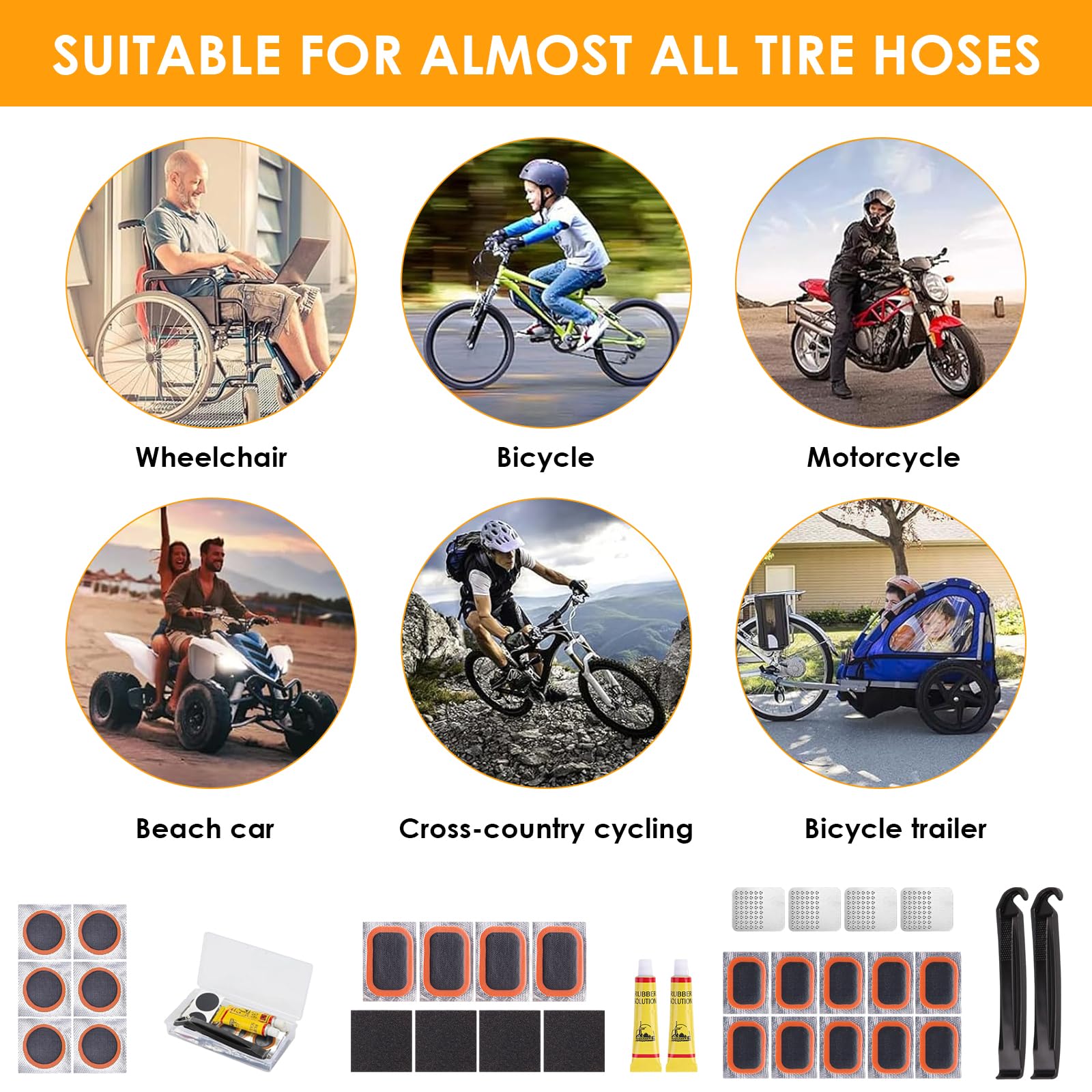 Kit Riparazione Pneumatici Bici con 20 Toppe in 3 Misure, 2 Colla, 2 Levagomme, 4 Lime Metalliche, Accessori Portatile per Camera d'Aria di Bici, Moto e Scooter Elettrico
