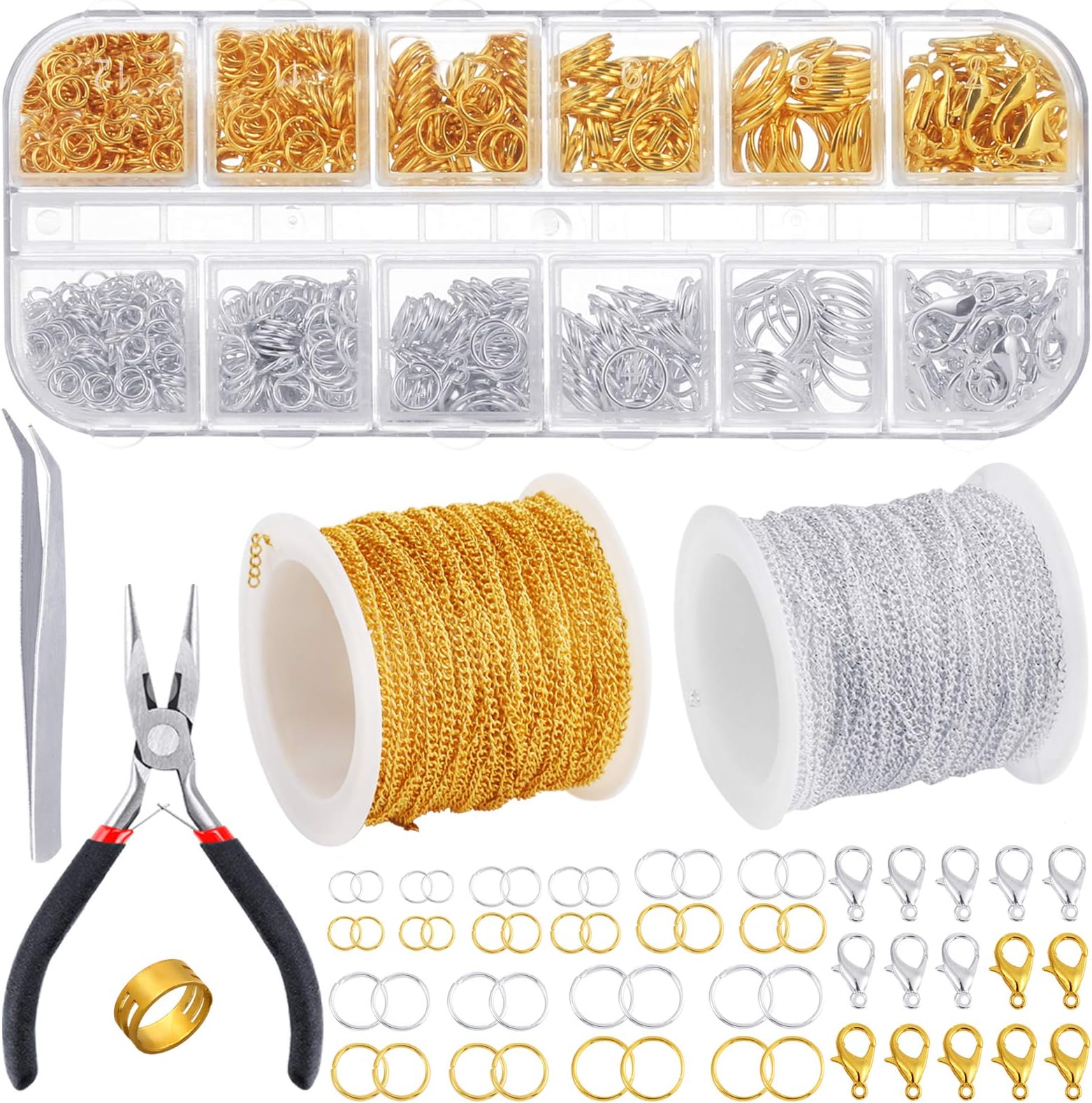 PP OPOUNT 65 Feet Jewelry Chains Necklace Chains 2 mm Jewelry Making Chains with 960 Pieces Jump Rings 40 Pieces Lobster Clasps Jewelry Making Tools (Gold, Silver Total in 65 Feet)