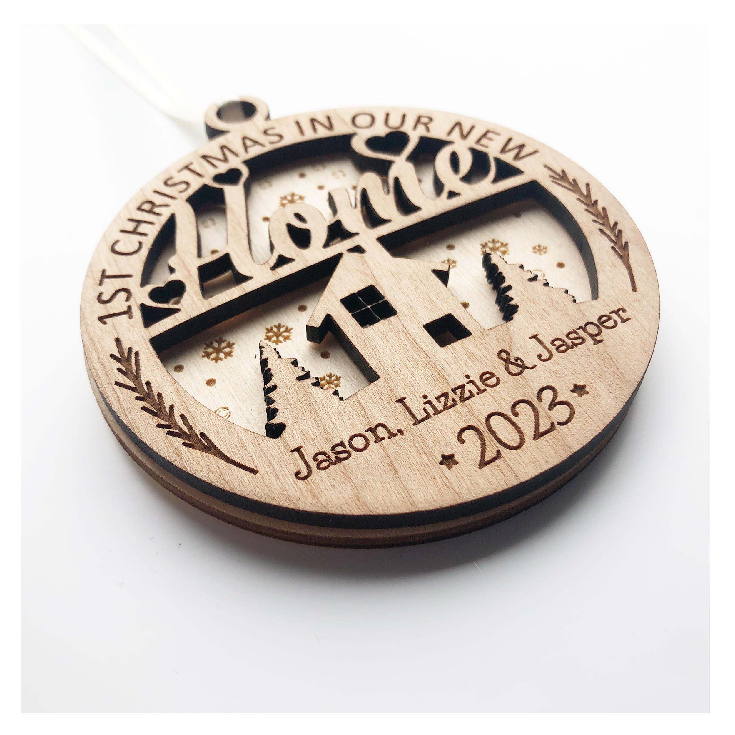 3D Double Layered Wooden Christmas Tree Baubles With Ribbon - Personalised (New Home)
