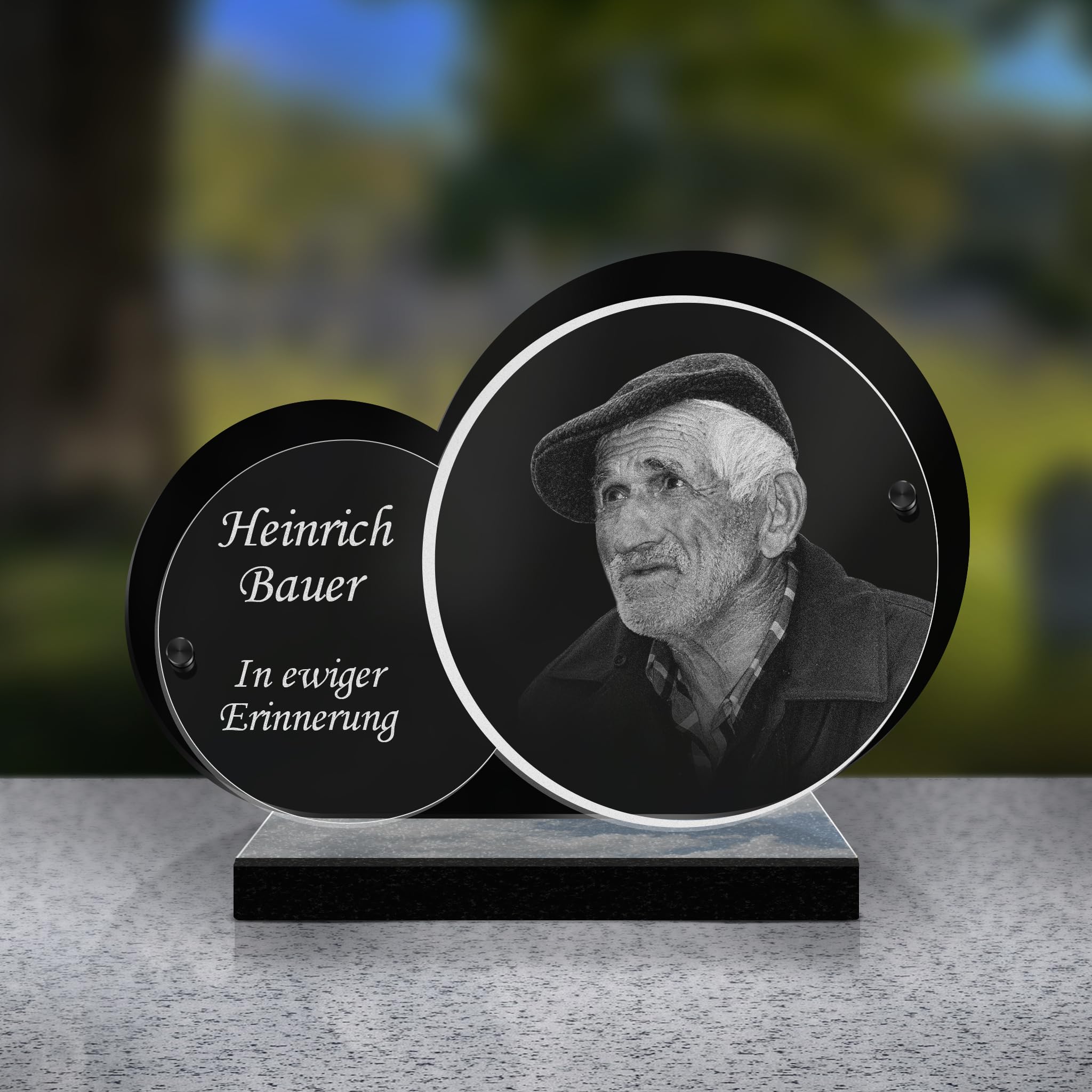 ETERNEL - Personalisierte Grabplatte Doppelkreis - Foto und Text anpassbar, lasergravierte Grabplatte zur Ehrung, Plexiglass, Friedhofsplatte, Totenplatte, Beerdigungen, Trauer