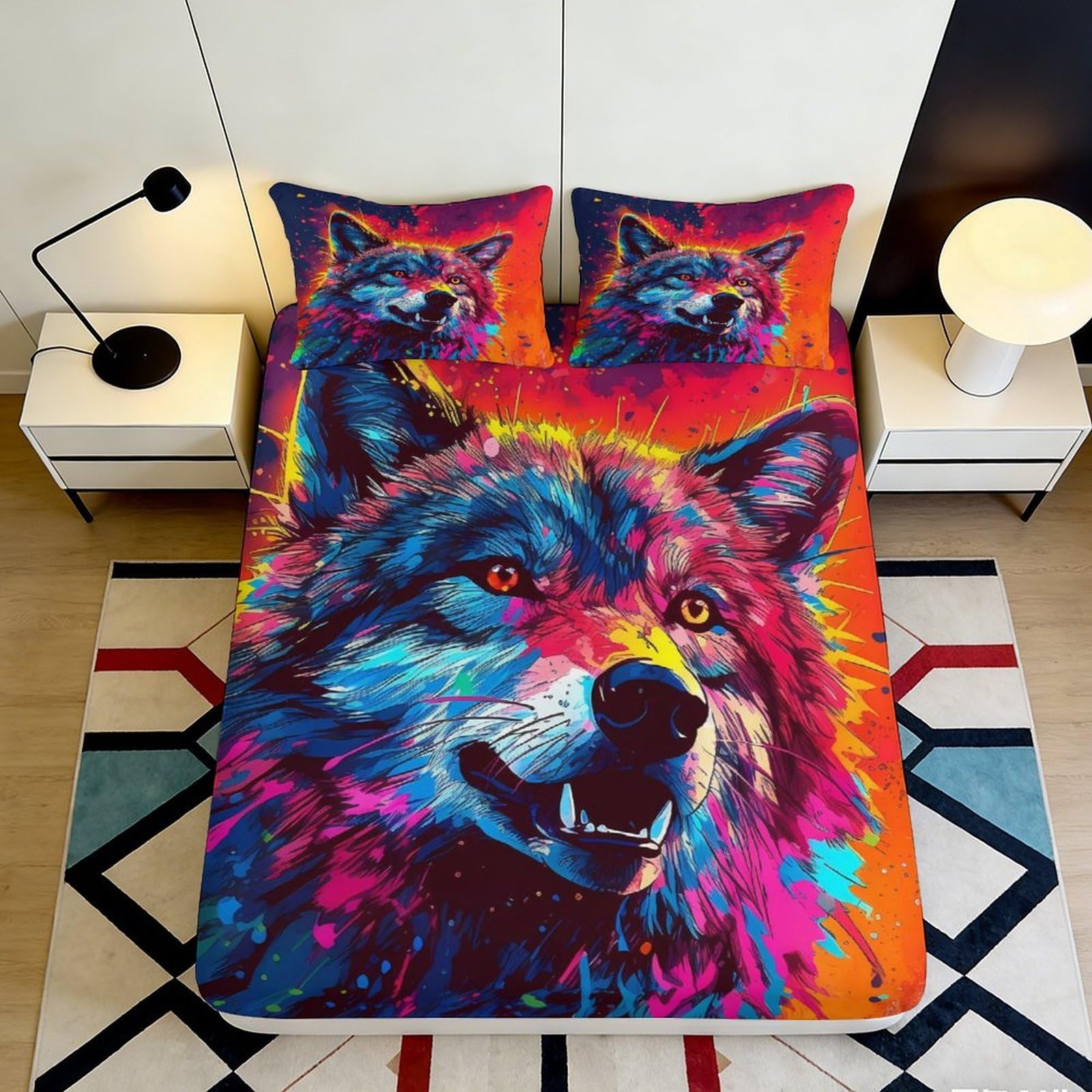 3D Printed Colorful Wolf Fitted Sheet Microfiber Soft Mattress Cover for Bedroom Dorm Animal Art Bedding Decor 90x200x25cm