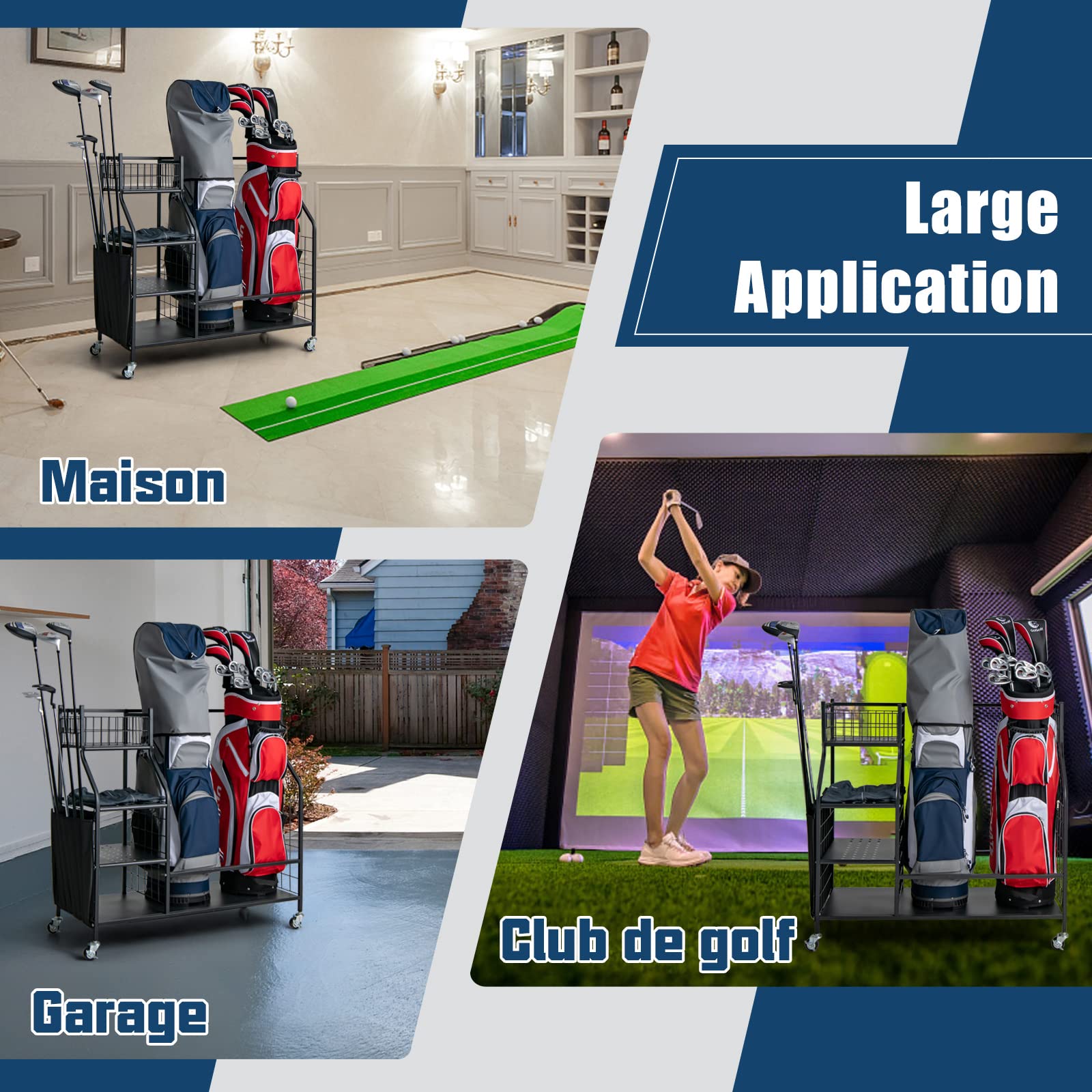 COSTWAY Support de Rangement pour Sac de Golf avec Roues Universelles Verrouillables, Organisateur de Stockage en Métal pour Accessoires Golf avec Étagère et 4 Crochets