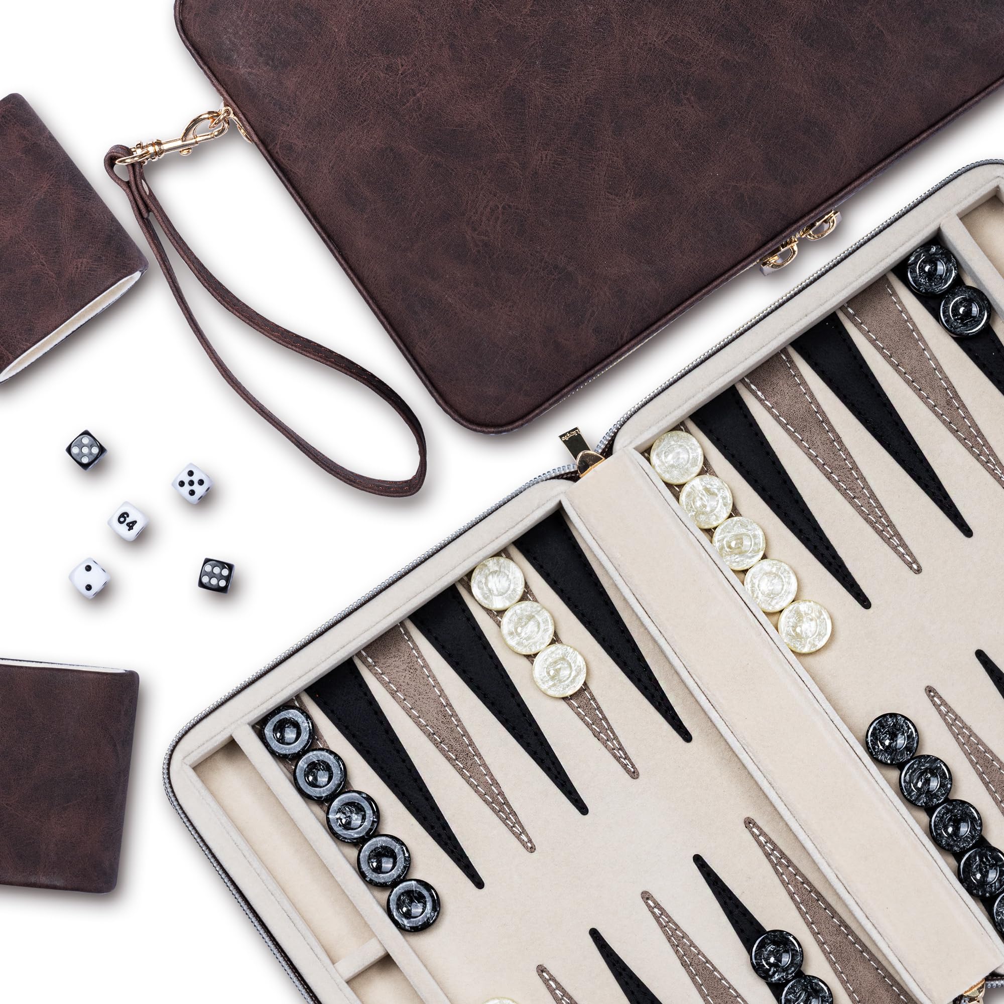 Backgammon Sets for Adults, Classic Board Game with Folding Leather Backgammon Case, Portable Travel Backgammon Game Set (Brown)