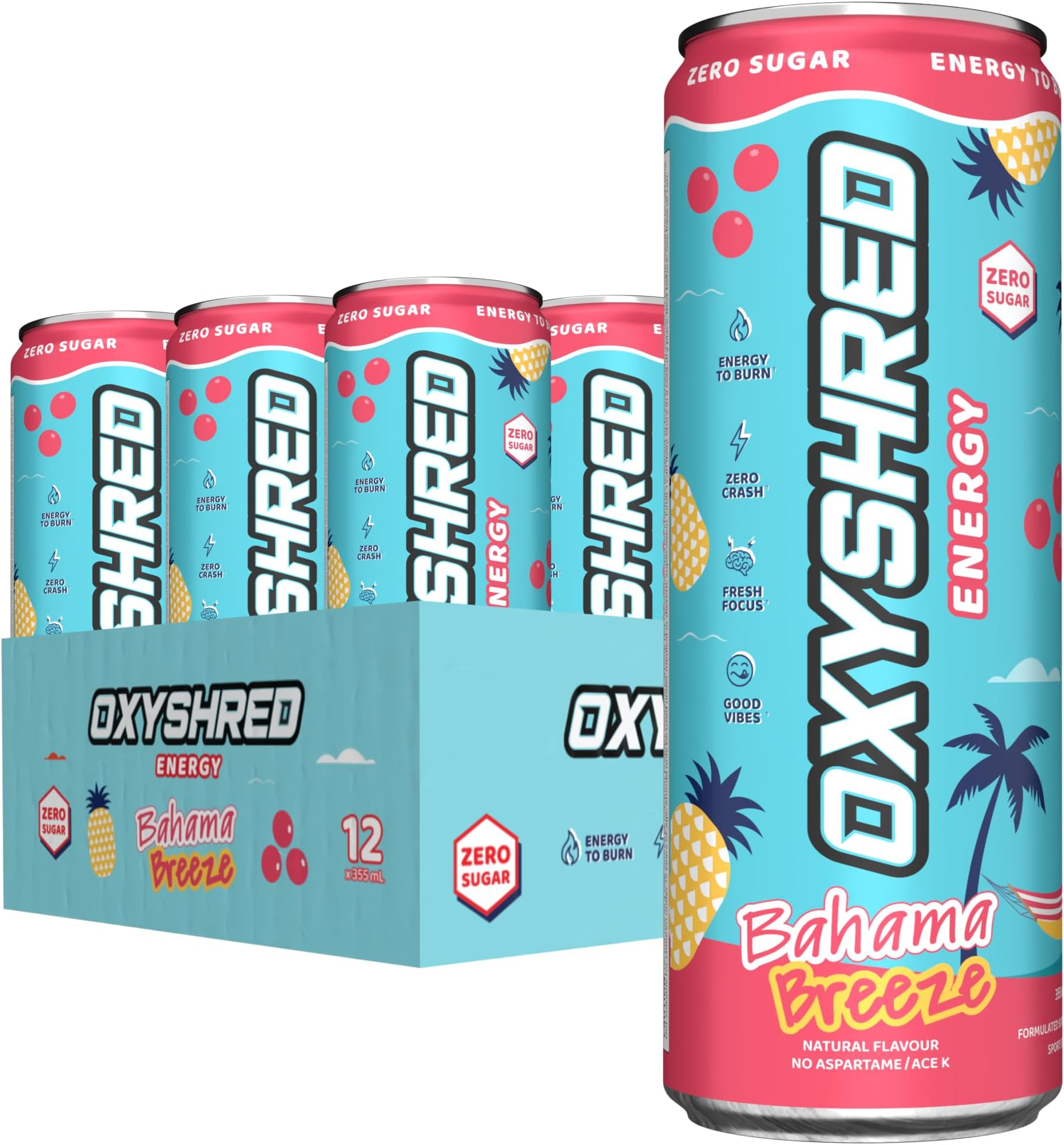 OxyShred Healthy Energy Drink - Zero Sugar Energy Drinks with Amino Acids, Green Tea Extract, Vitamin C & L Carnitine - Zero Carbs, Zero Calories, Clean Caffeine, Bahama Breeze (12-Pack)