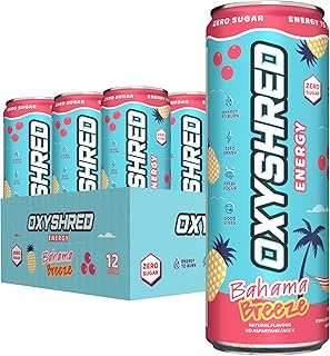 OxyShred Healthy Energy Drink - Zero Sugar Energy Drinks with Amino Acids, Green Tea Extract, Vitamin C & L Carnitine - Zero Carbs, Zero Calories, Clean Caffeine, Bahama Breeze (12-Pack)