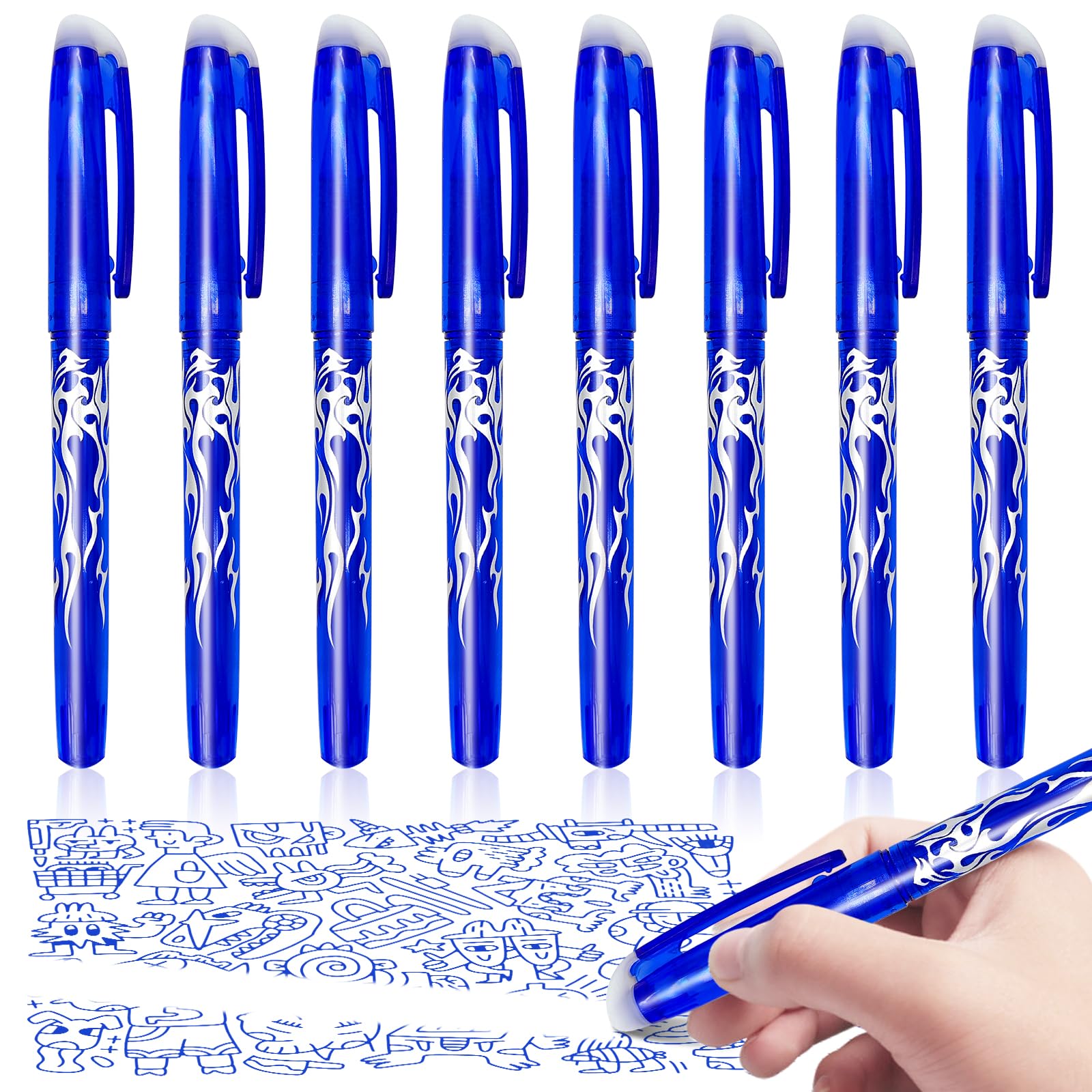 Obidodi 8 Erasable Gel Pens - Blue, Rub Out Pens with Rubbers for Kids & Adults, 0.5mm Point, 1 count (Pack of 8)