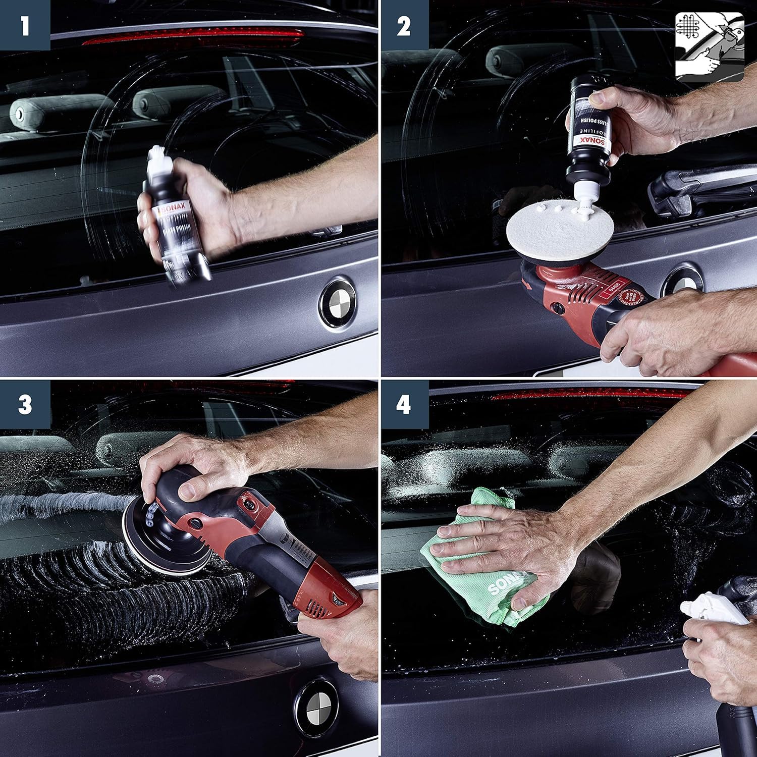 Glaspoliturset bestehend aus einer SONAX 250ml Glass Polish + 2 Stück Flexipads Ø135mm Glas-Polierpads