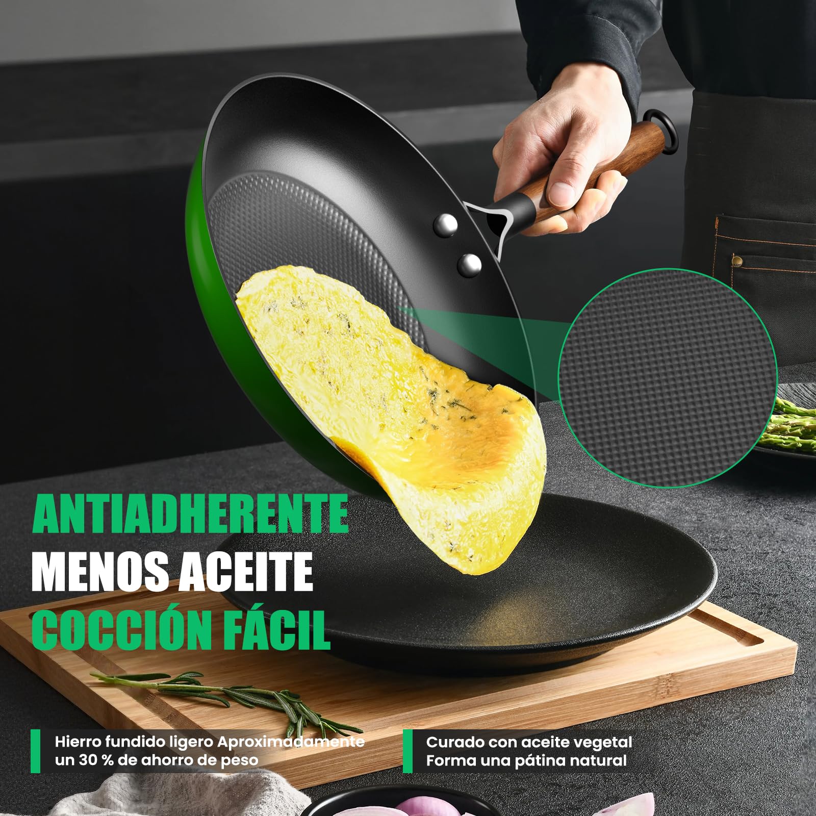 YUTANN Juego de Sartenes de Hierro Fundido Pre-sazonadas, Set de 3 Piezas, Apta para Inducción, Gas y Horno, Antiadherente Natural, Cocina Profesional | Sartenes de 20, 24 y 28 cm de diámetro, distribución uniforme del calor para inducción, gas, eléctrica