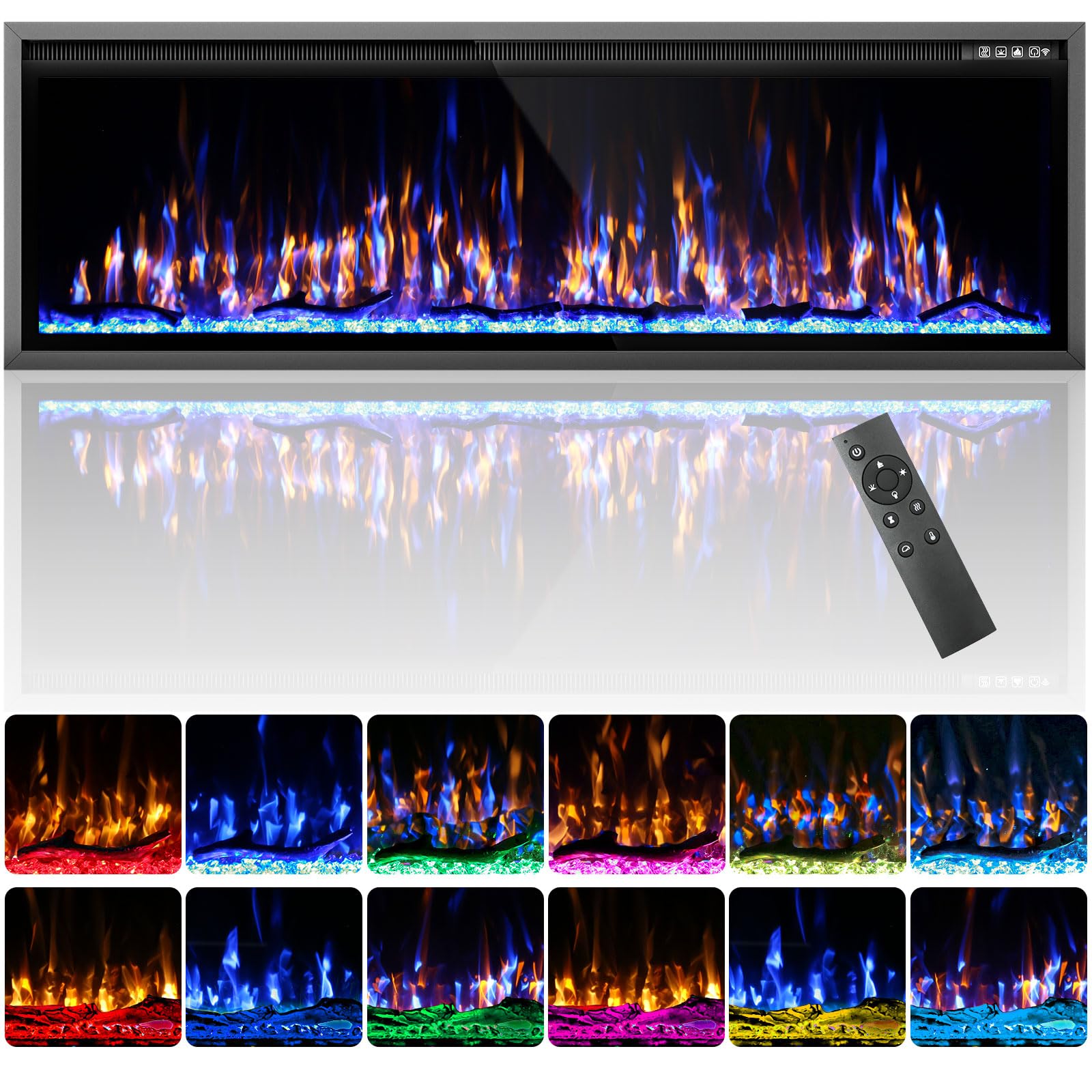 Kucreiheat Electric Fireplace–60'' Luxury Fireplace Wall Mounted &amp; Recessed, Ultra-Slim with Log &amp; Crystal, Remote Control, Thermostat, Timer, 750W/1500W Heater