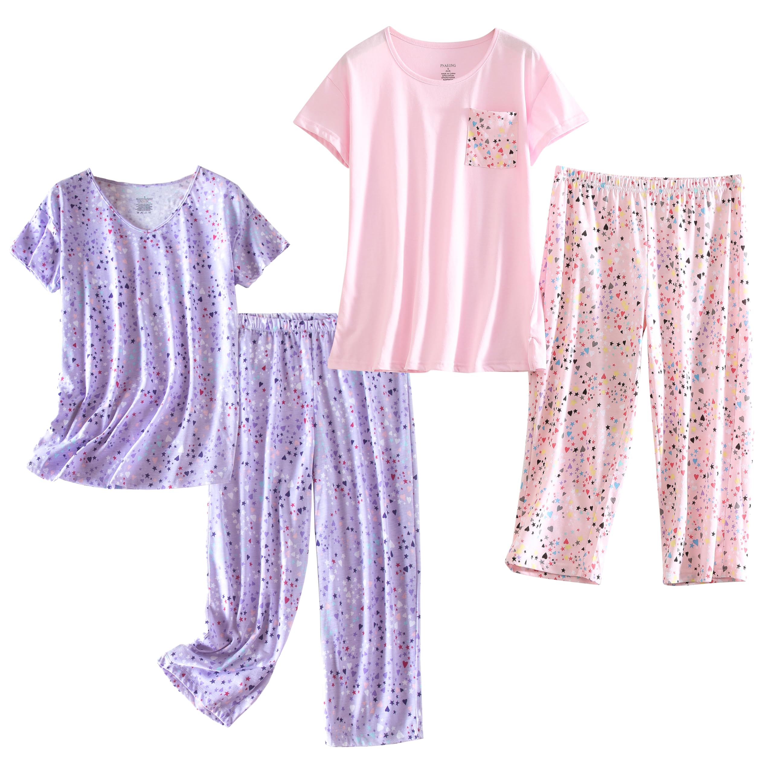 PNAEONG 2 Pack Women's Cotton Pajama Sets Short Sleeve Sleepwear Tops with Capri Pants Summer Loungewear Pj Sets S-3XL
