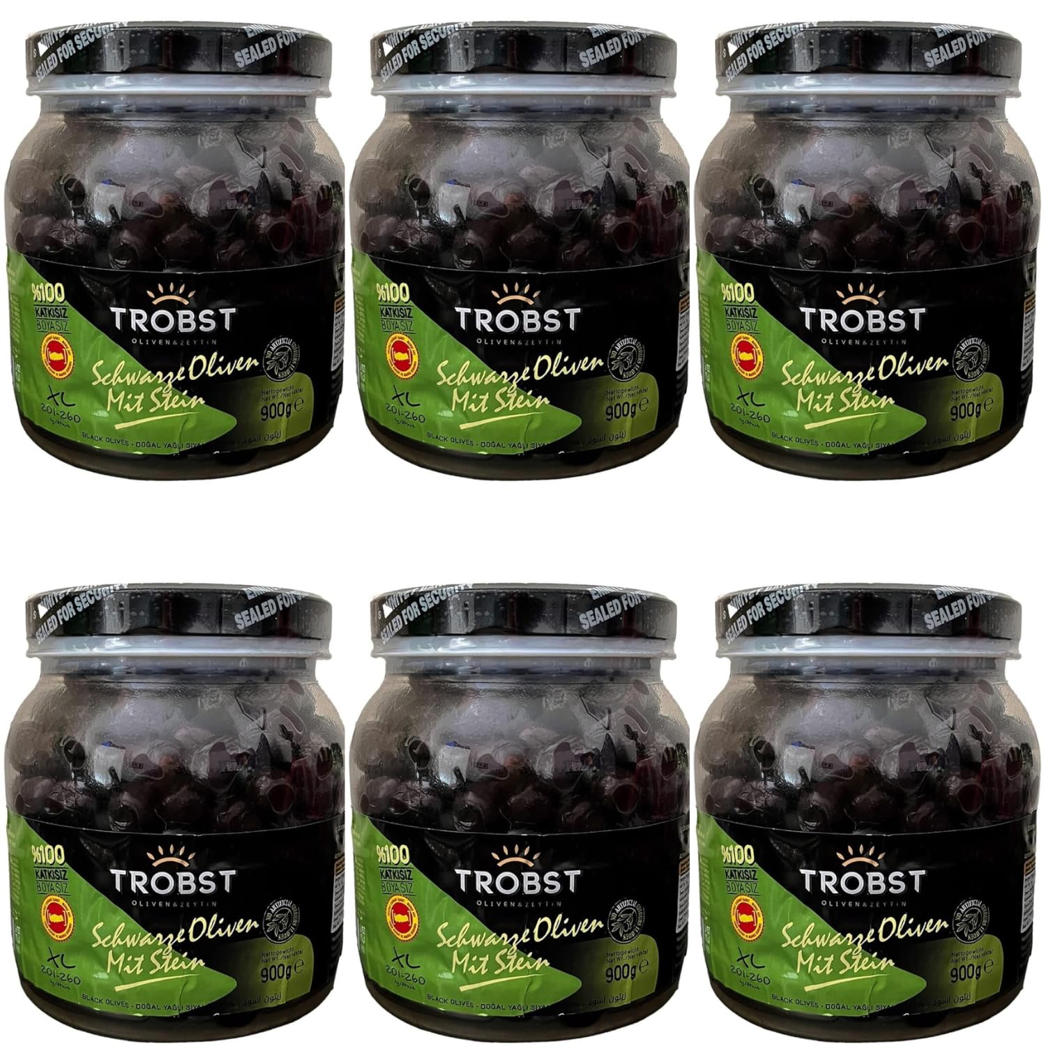 TROBST Schwarze Oliven 6x900 Gr Large mit Stein, Gemlik Olive, eingelegt in Salzlake, echte Tafelolive, Natürlich Gereift und Fermentiert, Aromatisch (6er Pack - 6 x 900 Gramm)