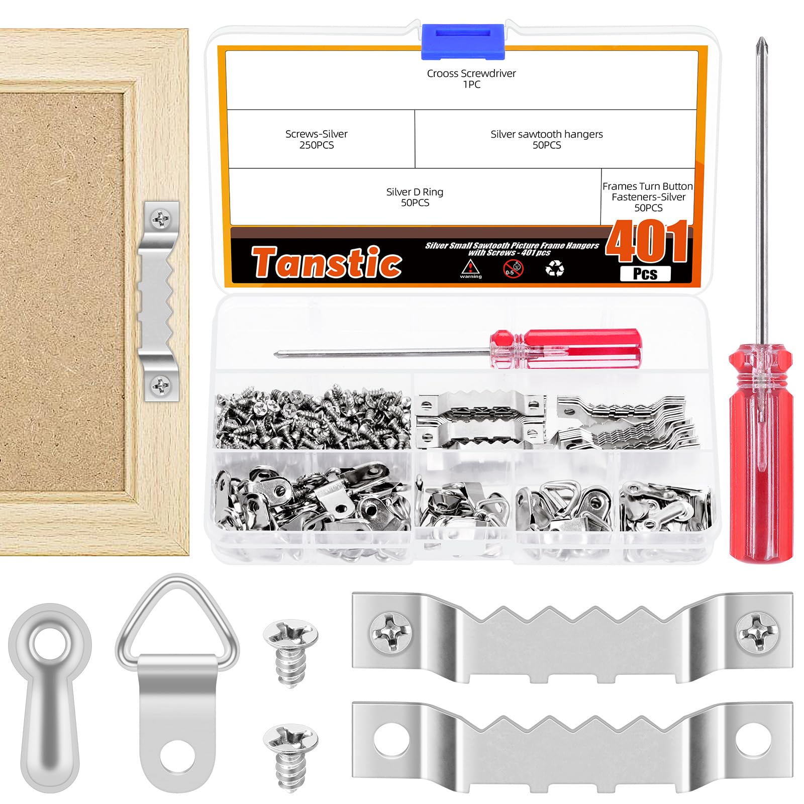 Tanstic 401Pcs Picture Hanging Kit, Sawtooth Picture Hangers Triangle Ring Picture Hangers Turn Button Fasteners with Screws and Screwdriver for Hanging Pictures Photos (Silver)
