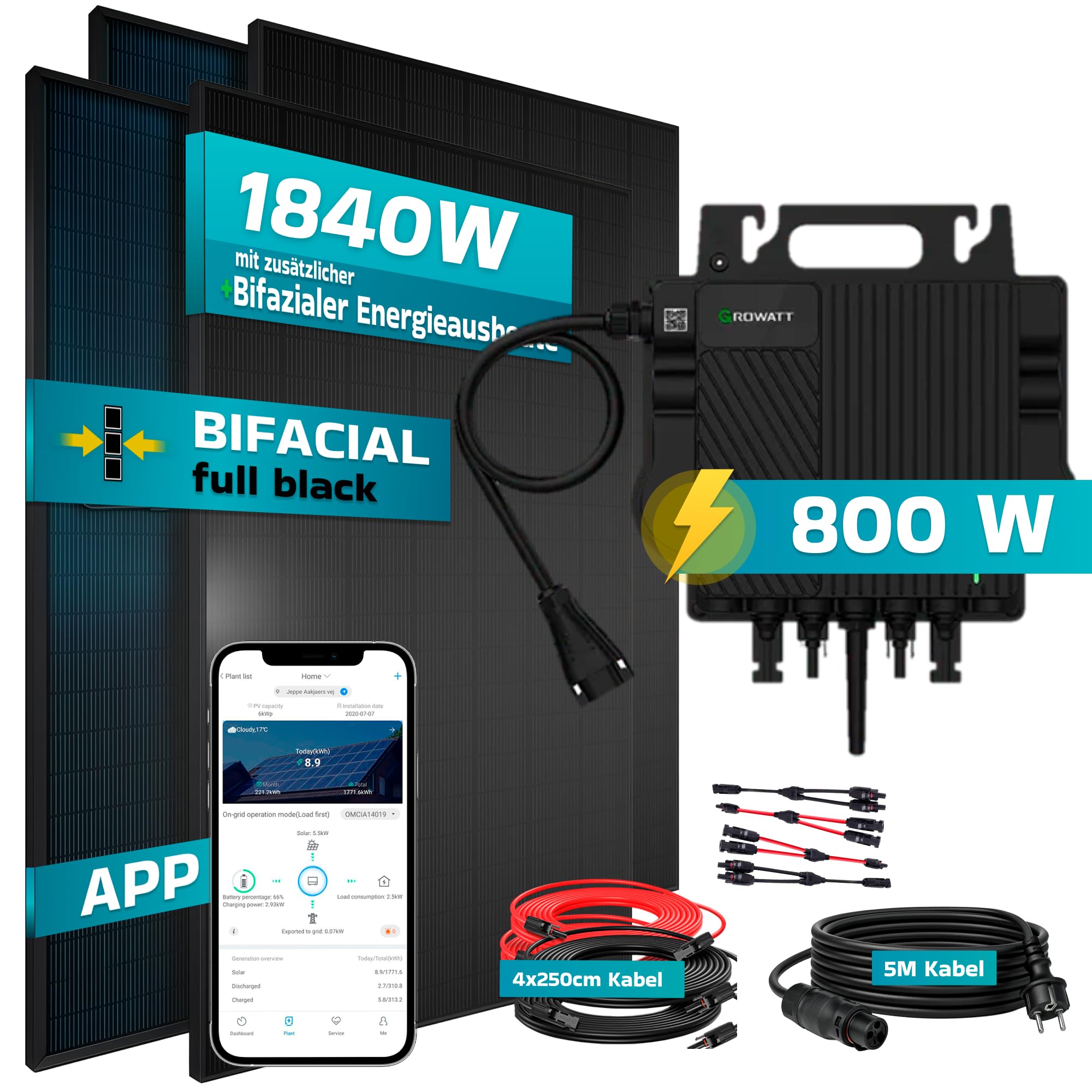 SUNNIVA® 1840W Balkonkraftwerk BIFAZIAL FULLBLACK komplett Steckdose GROWATT NEO-800M-X Wechselrichter, PV Solaranlage Komplettset,4x460W Glas-Glas Bifacial Solarmodule, 5m Kabel,4x2,5m Solarkabel