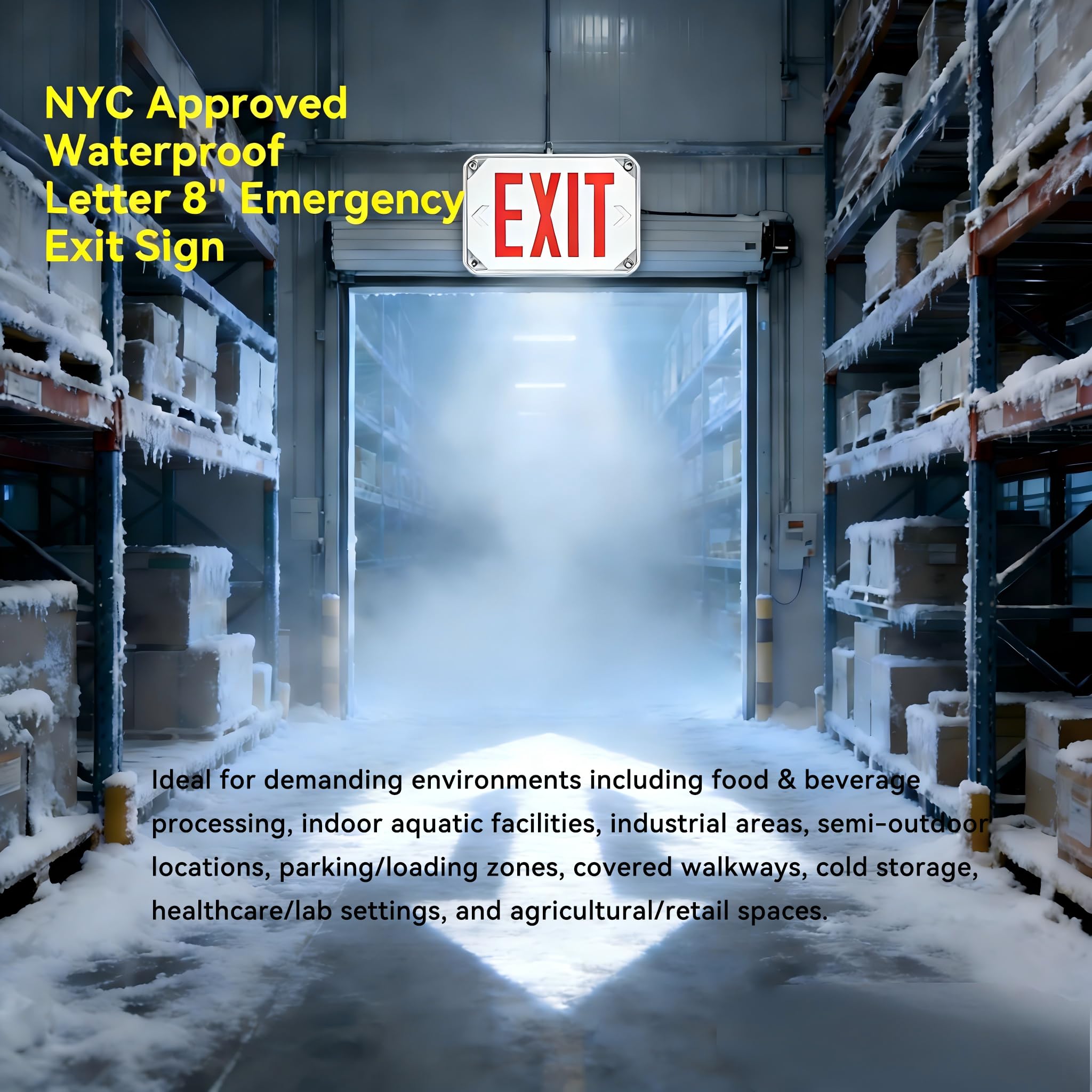 Señal de salida de emergencia impermeable aprobada por NYC con batería de respaldo, rojo, duración de 90 minutos, voltaje universal (120-277 VAC), letra de 8 pulgadas de altura, respaldo de