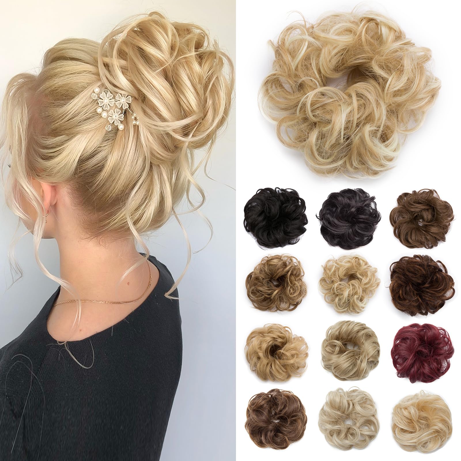 Benehair Messy Bun Hair Piece Scrunchy Updo Hair Pieces for Women Fluffy Wavy Hair Bun Scrunchies Donut Hairpiece Synthetic Chignons With Elastic