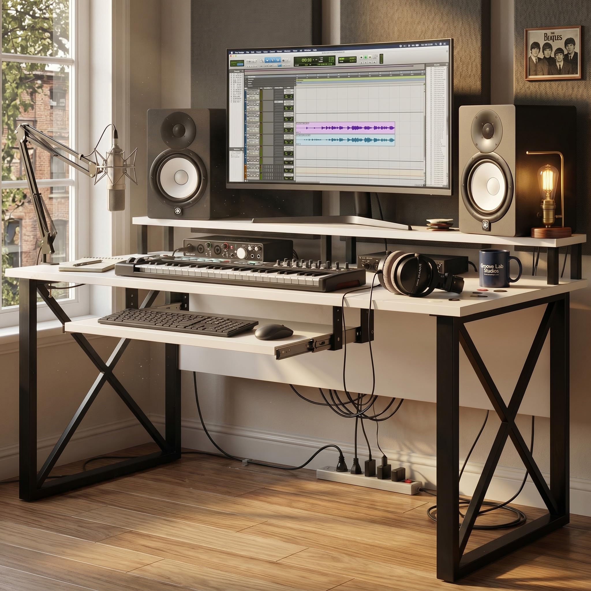 FFO Music Studio Desk | Music Studio Desk with Keyboard Tray | Workstation,Laptop PC Computer, Music Instrument Table for Music Producers | (White) | (120L x 60W x 87H CM) | (DIY)-image-1