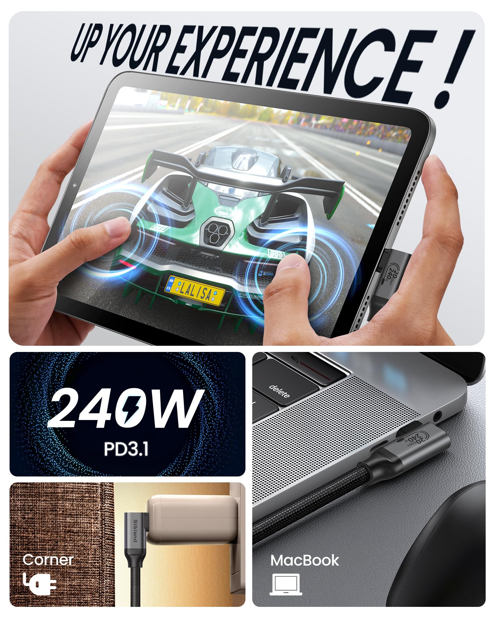 Silkland Cavo USB C 3.2 Gen2×2 90 Gradi 3M, 20Gbps Trasferimento Dati, USB Type C Ricarica Rapida PD3.1 240W 48V/5A, Cavo Video 5K/4K@60Hz per MacBook Pro, iPad Pro, iPhone 16/15, Dock, PSSD, Monitor