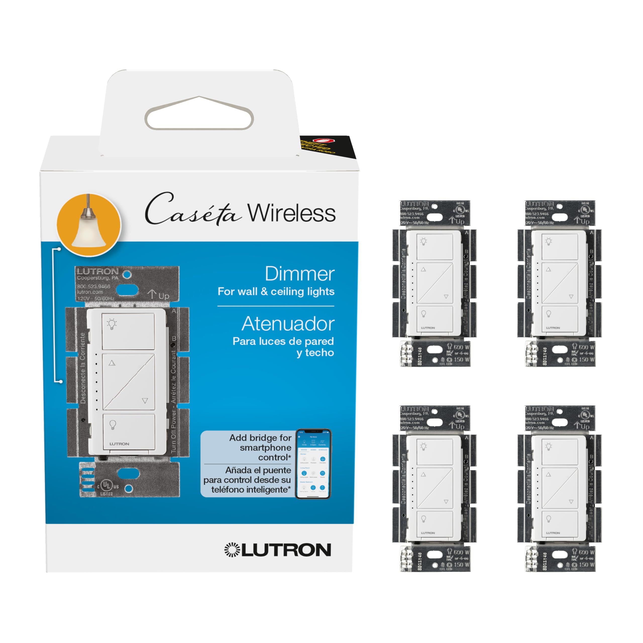 PD-6WCL-WH Caseta Wireless Smart Lighting Dimmer Switch, White (4 Pack)