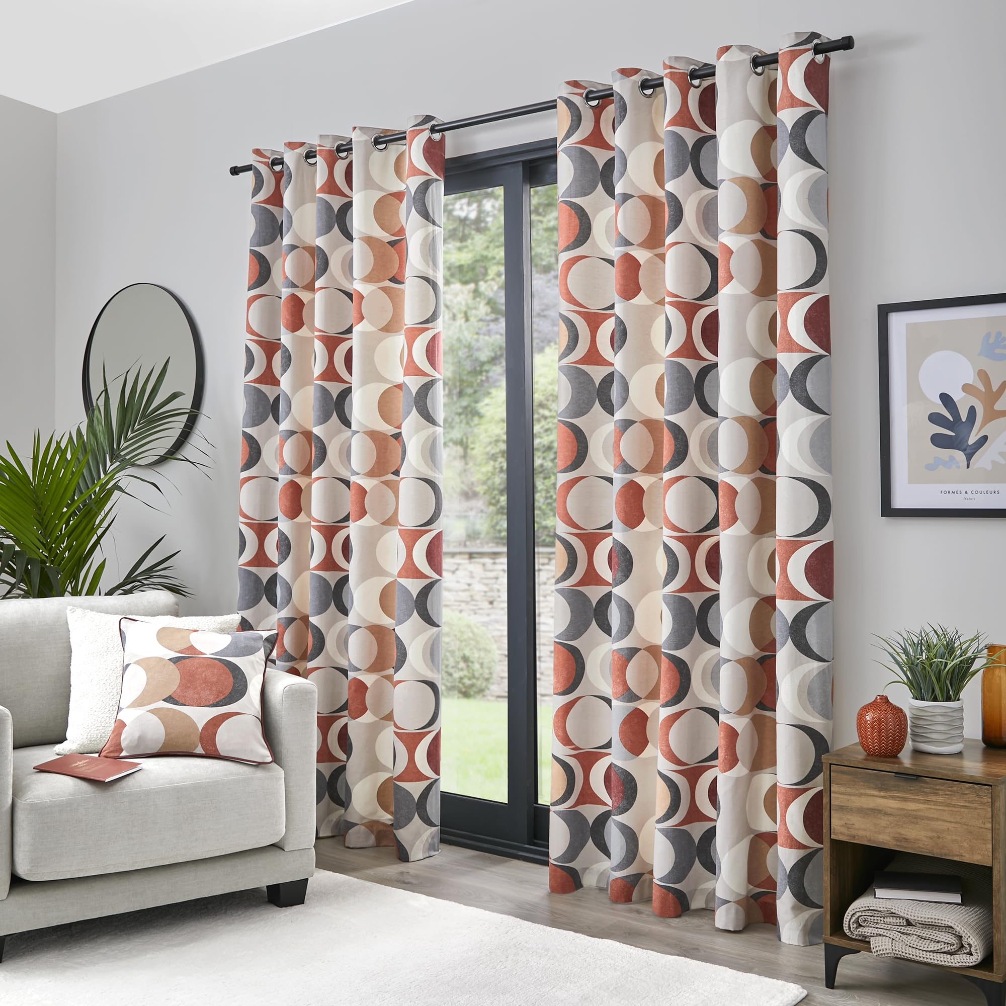 Fusion Strata Spice Orange Retro Eyelet Curtains, W46 x L72 (117 x 183cm), 2 Panels, 100% Cotton, Geometric Circle Drapes