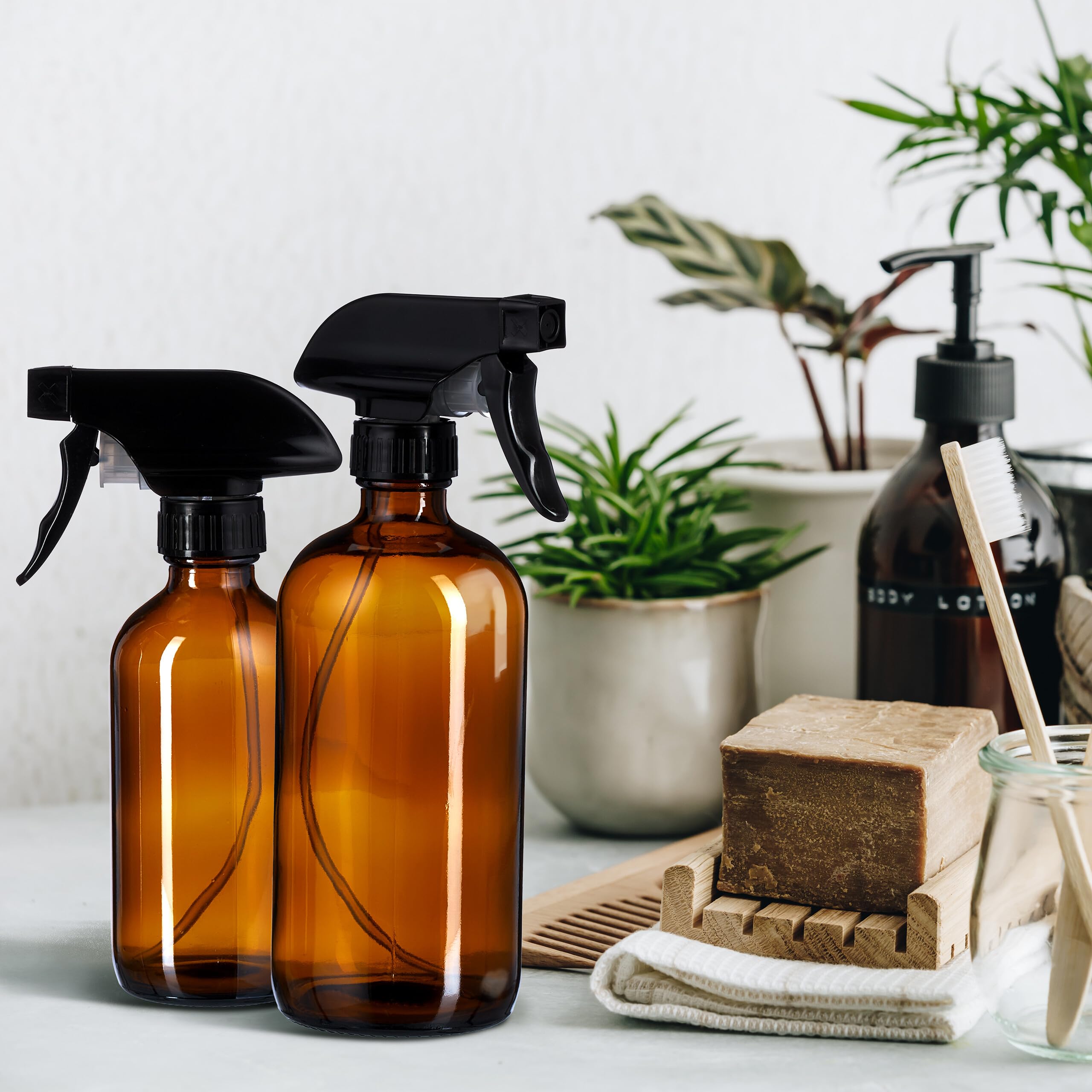 Relaxdays Butelka ze spryskiwaczem szklana, zestaw 4 sztuk, 500 ml, mgła i strumień, rozpylacz wody do włosów, czyszczenie, rośliny, brązowy/czarny.