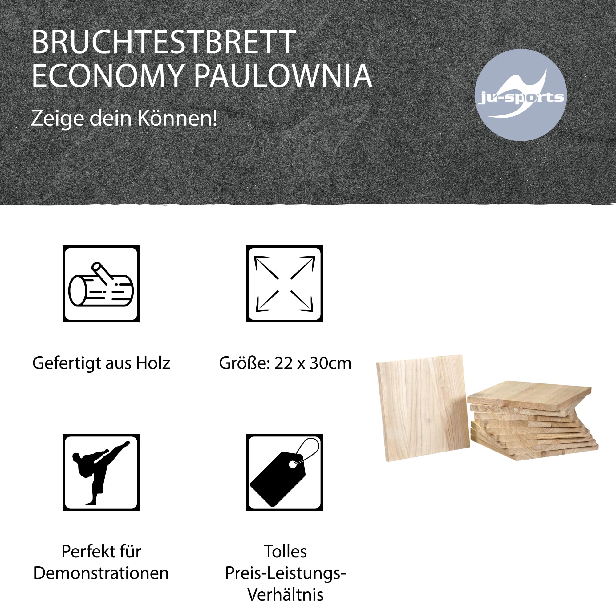 Ju-Sports Bruchtestbretter aus Holz Economy Paulownia 30x30 cm 10er Pack - Einweg Taekwondo- und Karatebretter zum Zerschlagen in den Stärken 10, 15, 20 und 25 mm