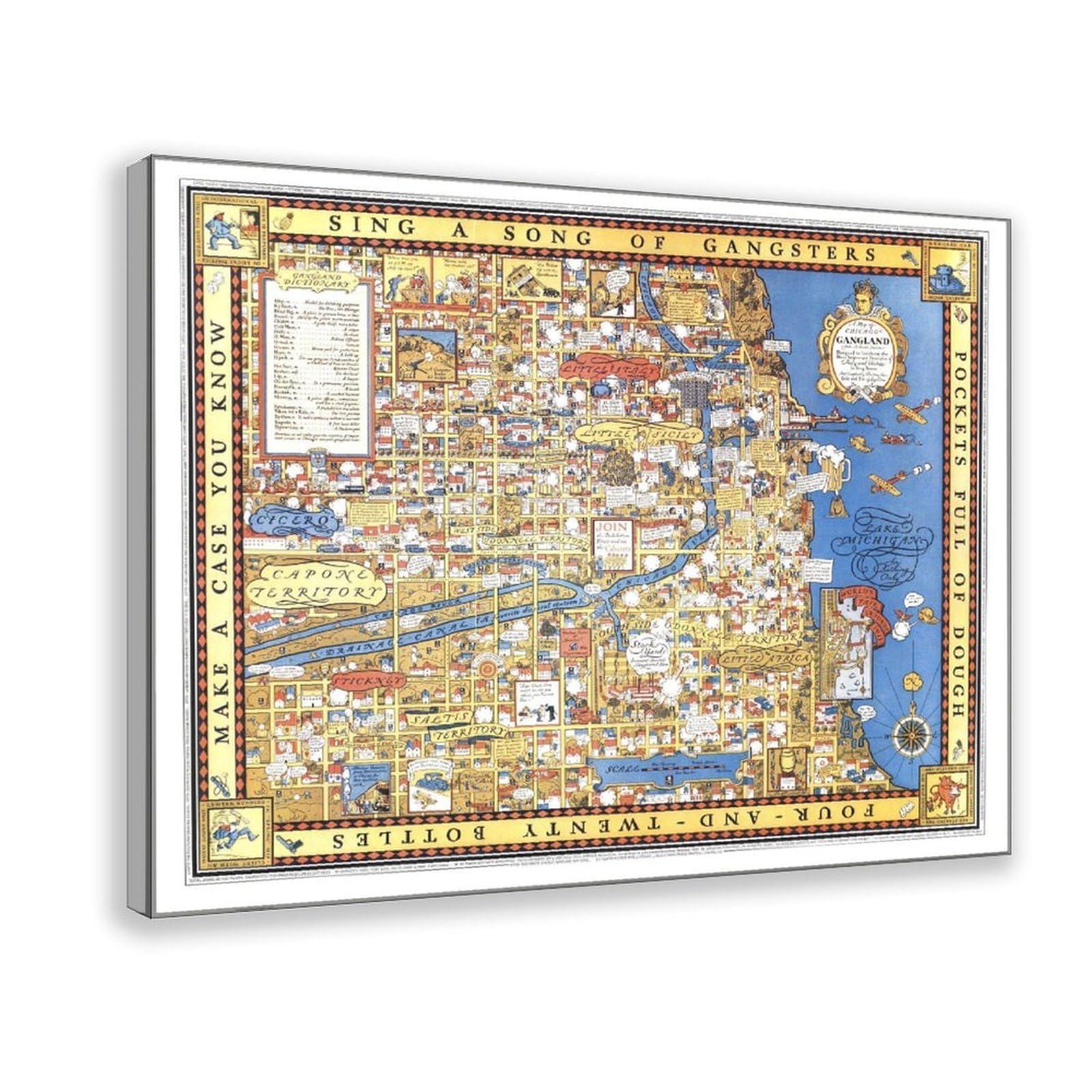 WCYB A Map of Chicago’s Gangland - Vintage Pictorial Gangster Map 1931 Prints Posters Canvas Deco Paintings Wall Art For Office Living Room Hangable Frame
