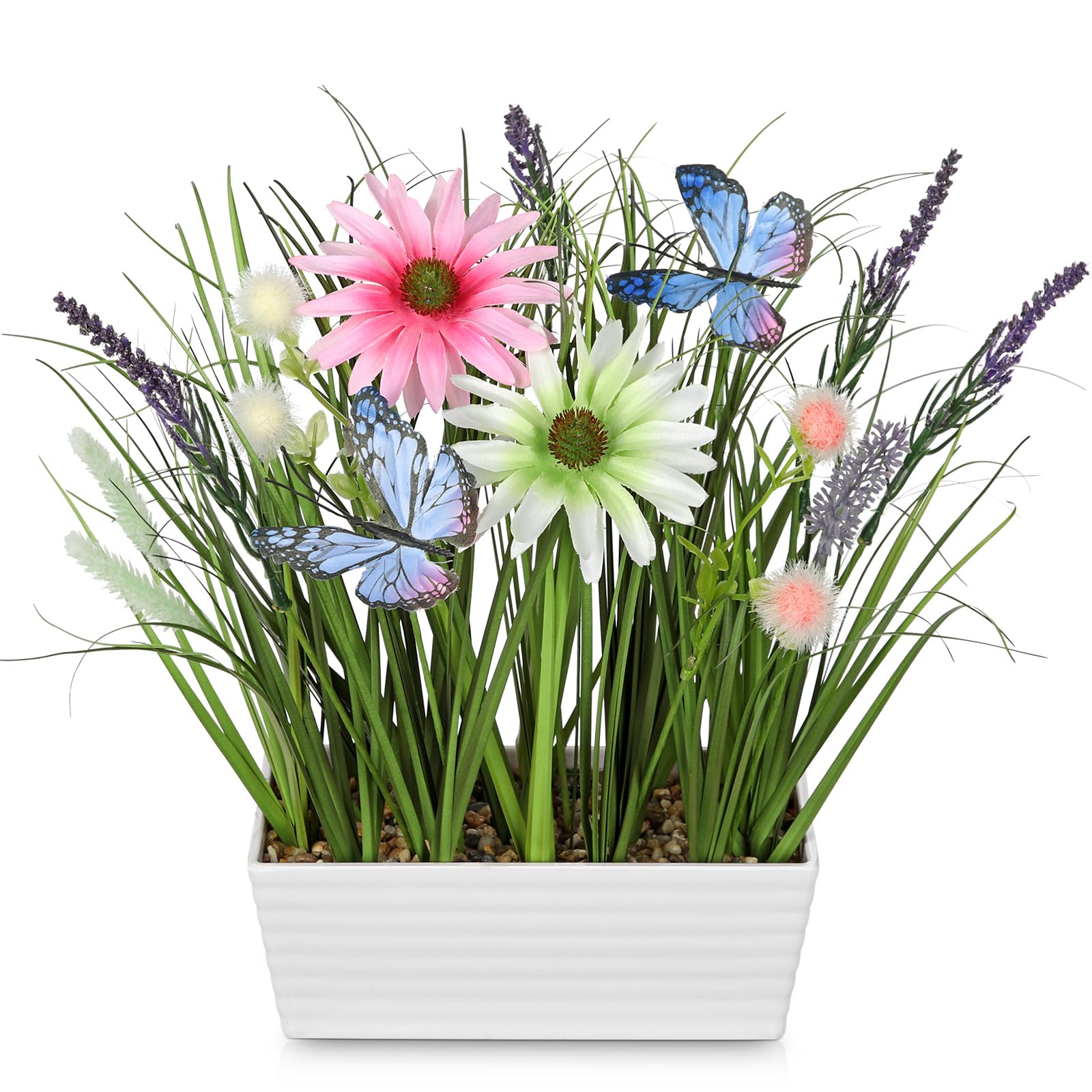 Artificial Plants Indoor with Pot, 14" Fake Potted Plants Artificial Onion Grass Plant with Daisies Flowers and Butterflies Small Faux Plant Indoor with Wooden Pot for Home Living Room Table Decor