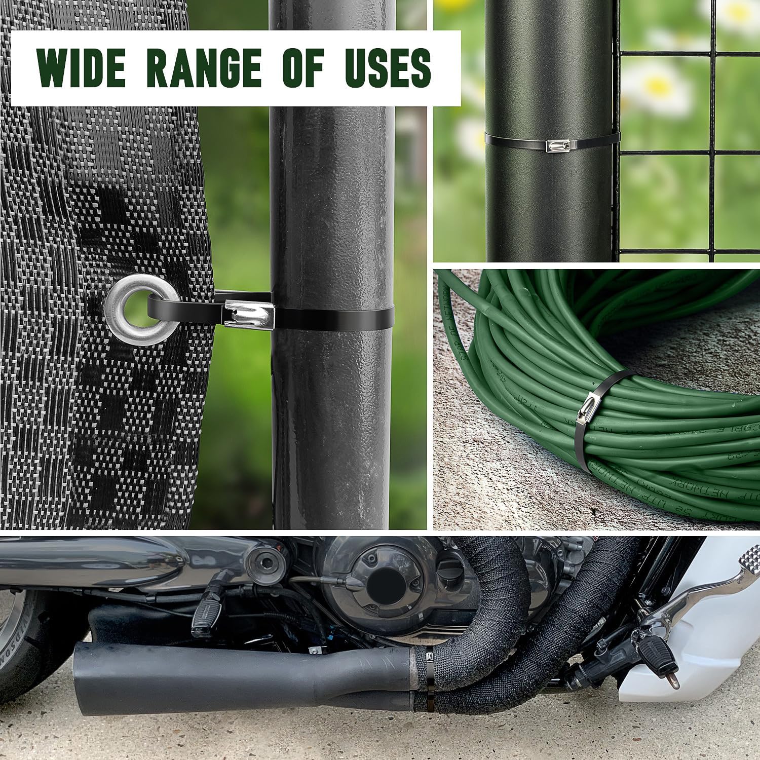 Professional Stainless Steel Cable Tie Gun & 200 Ties for Fence Repair & Vehicle Exhaust - Heavy Duty 304 Metal Zip Ties (11.8 Inch) UV-Resistant with Flush-Cut Technology