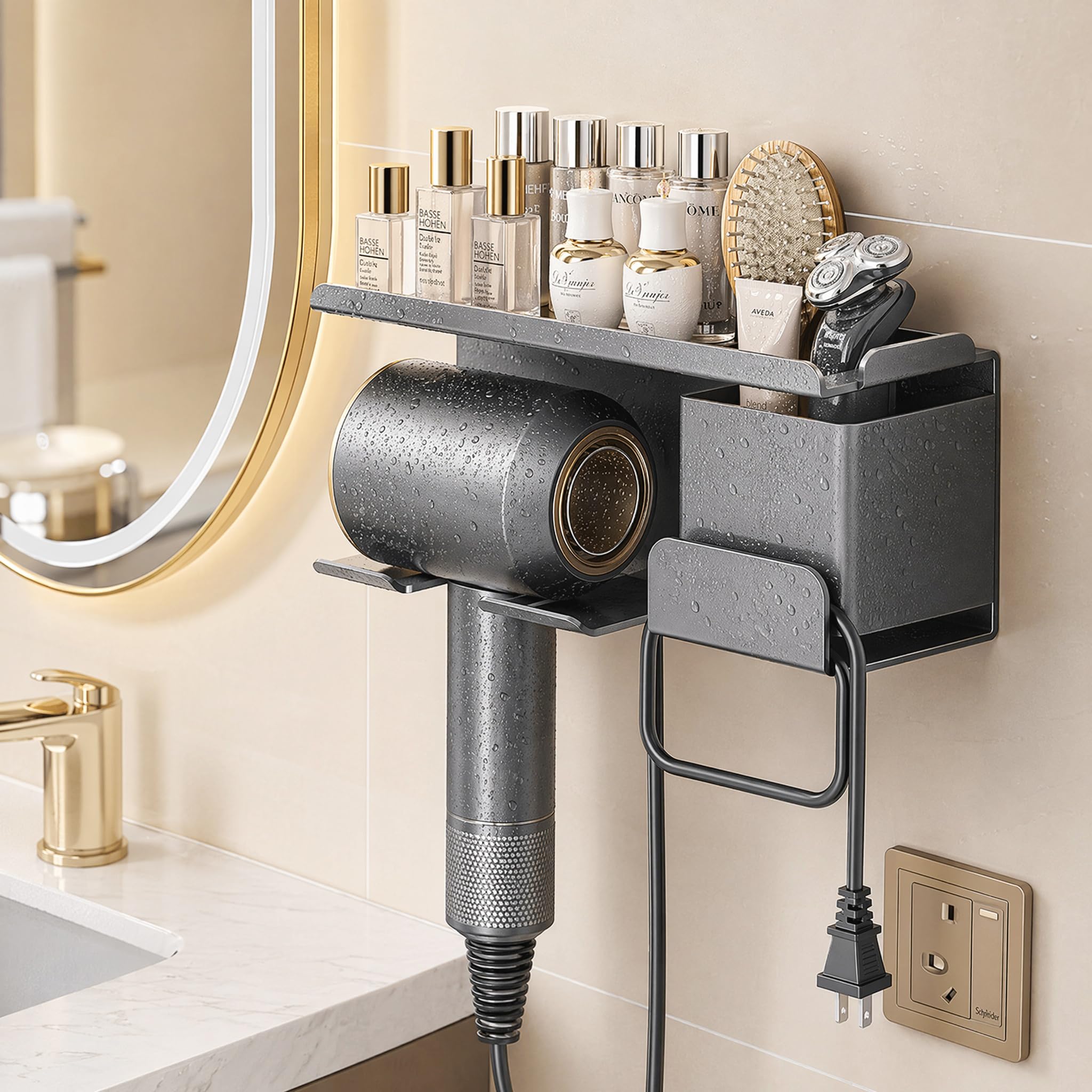 Photo 1 of Wall-Mounted Hair Dryer Holder with Storage Organizer andShelf for Bathroom