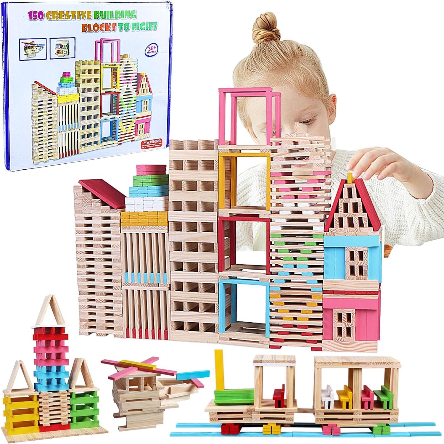 Blocchi Da Costruzione In Legno Per Bambini 3+ - Set Colorato Da 128 Pezzi Per Costruire Una Casetta