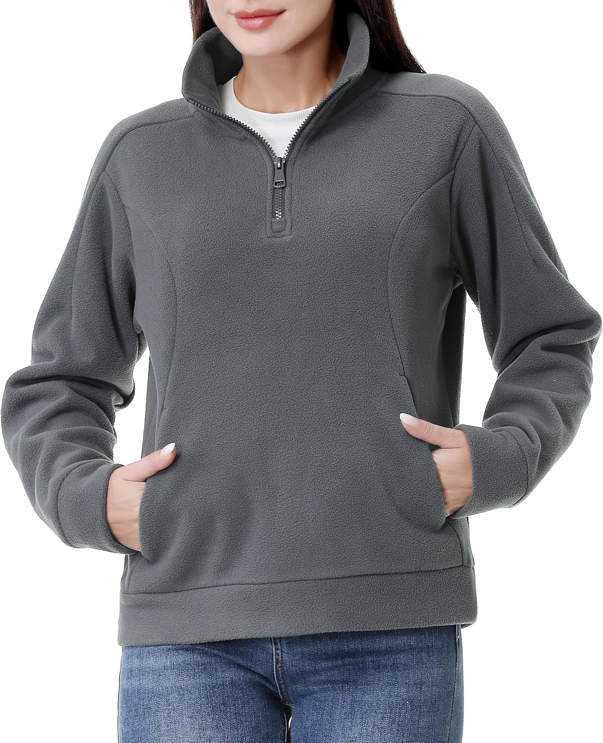 GIMECEN Women's Soft Polar Fleece Pullover Quarter-Zip Sweatshirt Long Sleeve Sweater Jacket Casual Fall Outerwear - Image 4