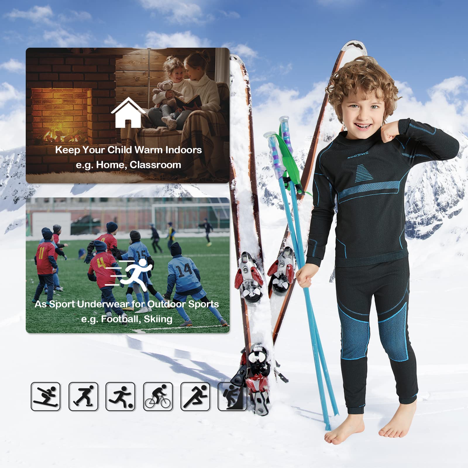 NOOYME Intimo Termico Bambino Biancheria Intima Termica Bambina Pantaloni e Maglia Termica Traspirante Asciugatura Rapida per Sci Corsa Calcio