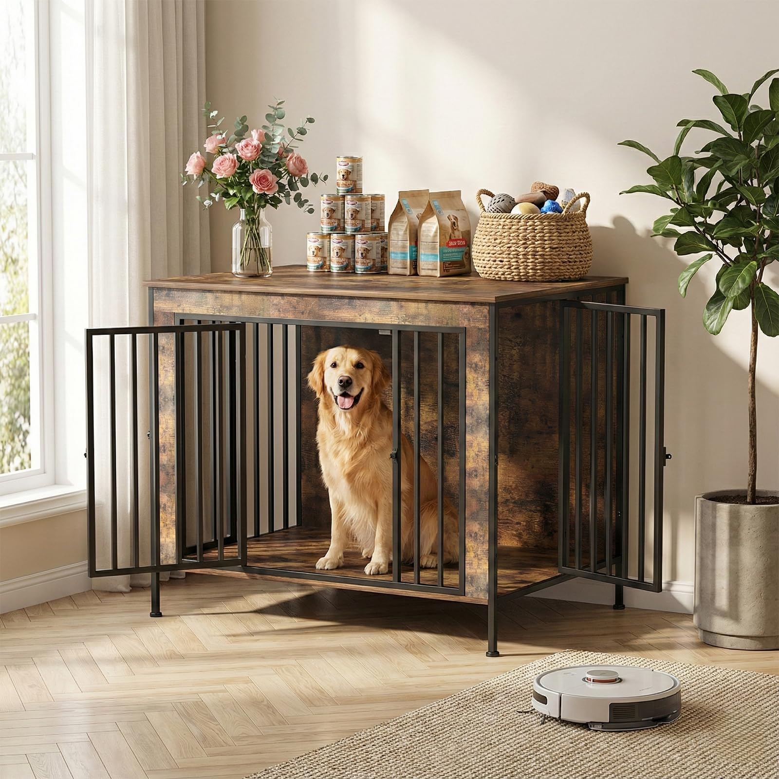 TimberAura Dog Crate Furniture Heavy Duty for Large Dog, Sturdy Indoor Kennel Table with Dual Doors, Elevated Robot Vacuum Friendly Base, Decorative Cage TV Stand & End Table, Rustic Brown