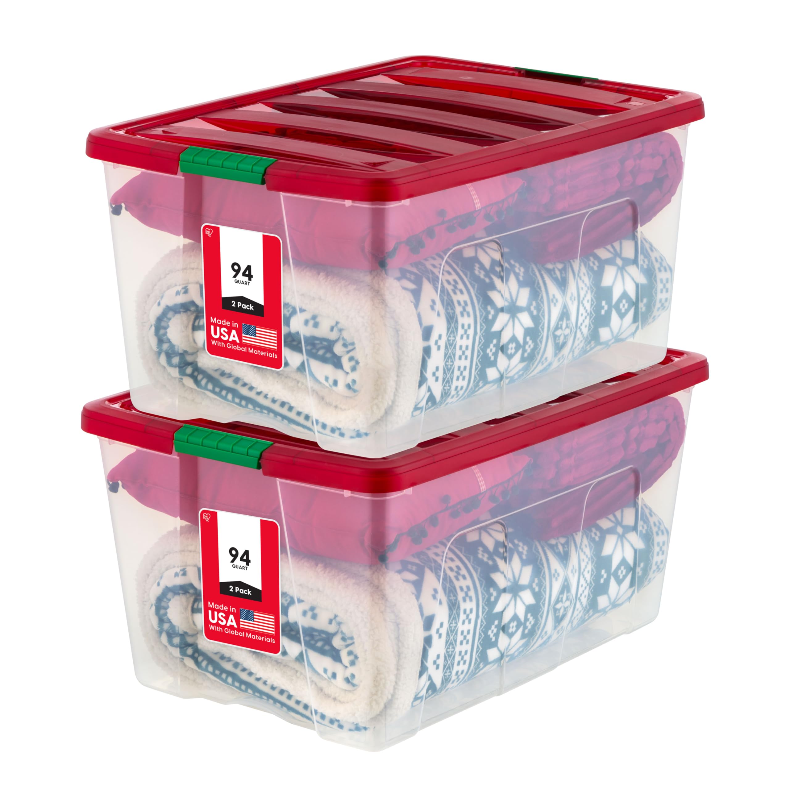 IRIS USA 94 Qt. Stackable Plastic Storage Bins with Lids, 2 Pack - BPA-Free, See-Through Organizing Solution, Latches, Durable Nestable Containers, Secure Pull Handle, Made in USA - Red