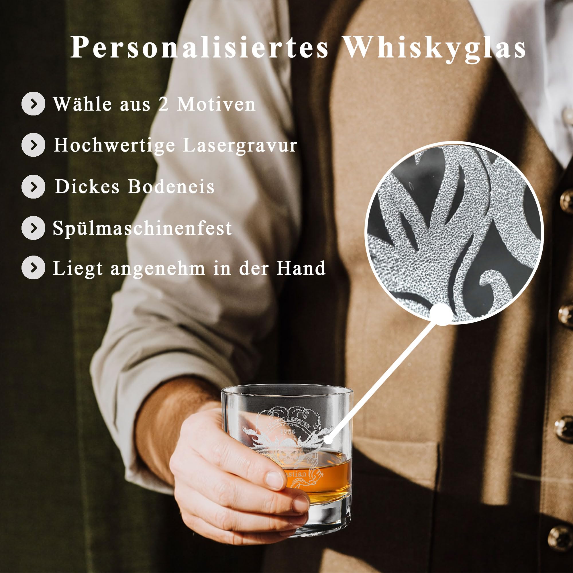 LOOXIS Personalisiertes Whisky Geschenkset mit Namen & Motiv graviert - 1x 300ml Whiskyglas, 700ml Karaffe, 1x Edelstahleiswürfel- Geschenkidee Männer, Vatertag, Weihnachten - Geschenkset 1, Motiv 1