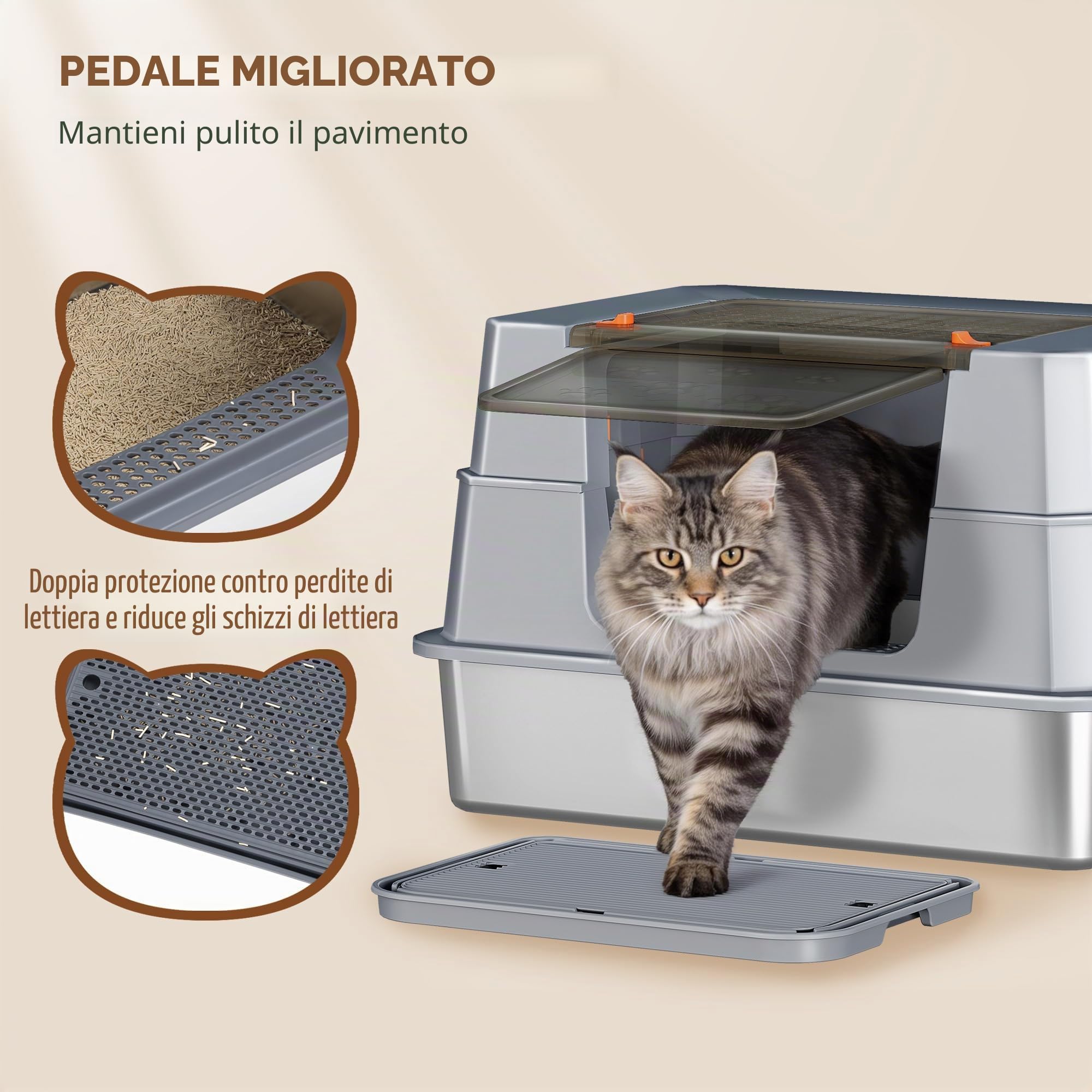 Lettiera Acciaio Inox Gatto con Coperchio, XXXL Lettiera Gatto Chiusa, 70 x 50 x 45 cm, 105° Coperchio Pieghevole, Include Pedale e Paletta, Facile da Pulire, Design Modulare, Grigio Scuro