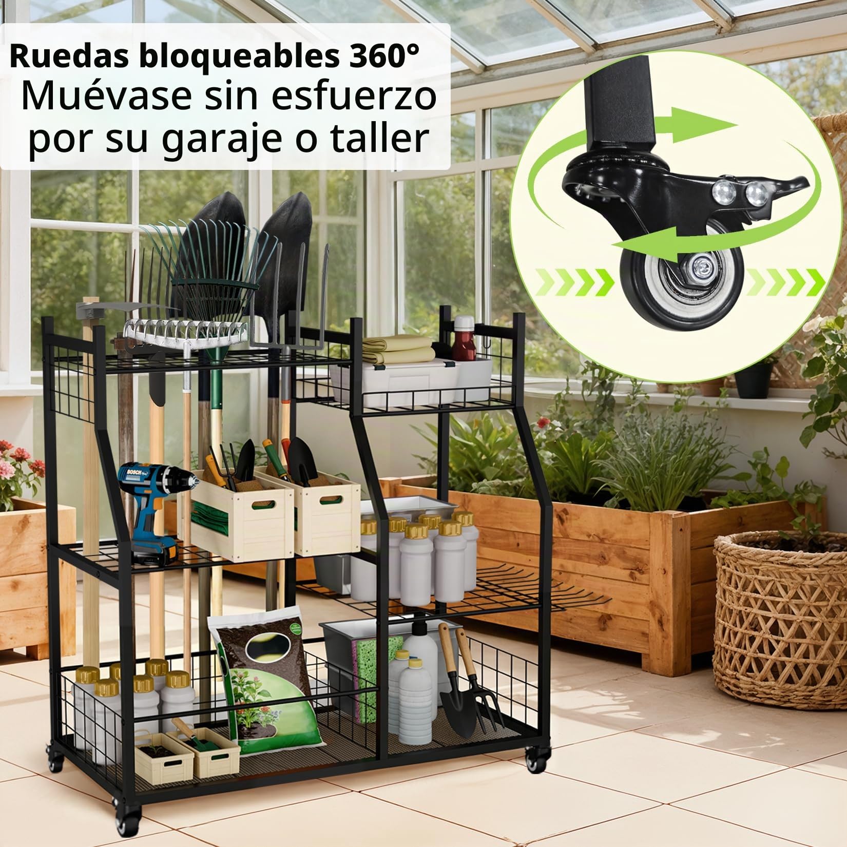 unho Estantería para Herramientas de Jardín con Ruedas - Estantería de Almacenamiento de 3 Niveles para Garaje con 45 Ranuras para Mangos y 30 Ganchos, para Garage, Taller y Exterior