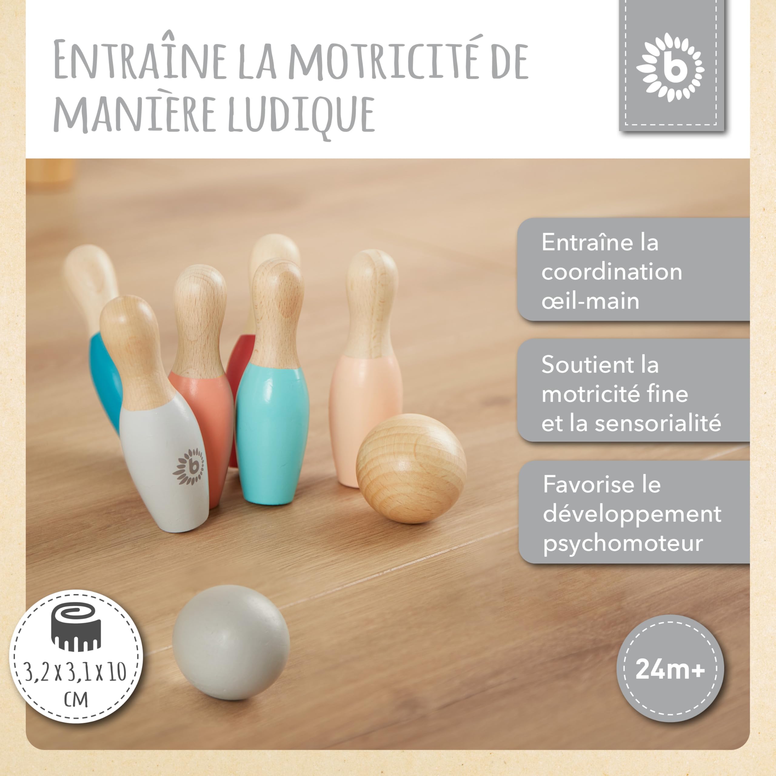 Bieco Mini jeu de quilles en bois pour enfant - 8 pièces - Jeu de bowling - Jouet d'extérieur - Jeux d'extérieur pour enfants - Cône pour adultes - Jeu de jardin
