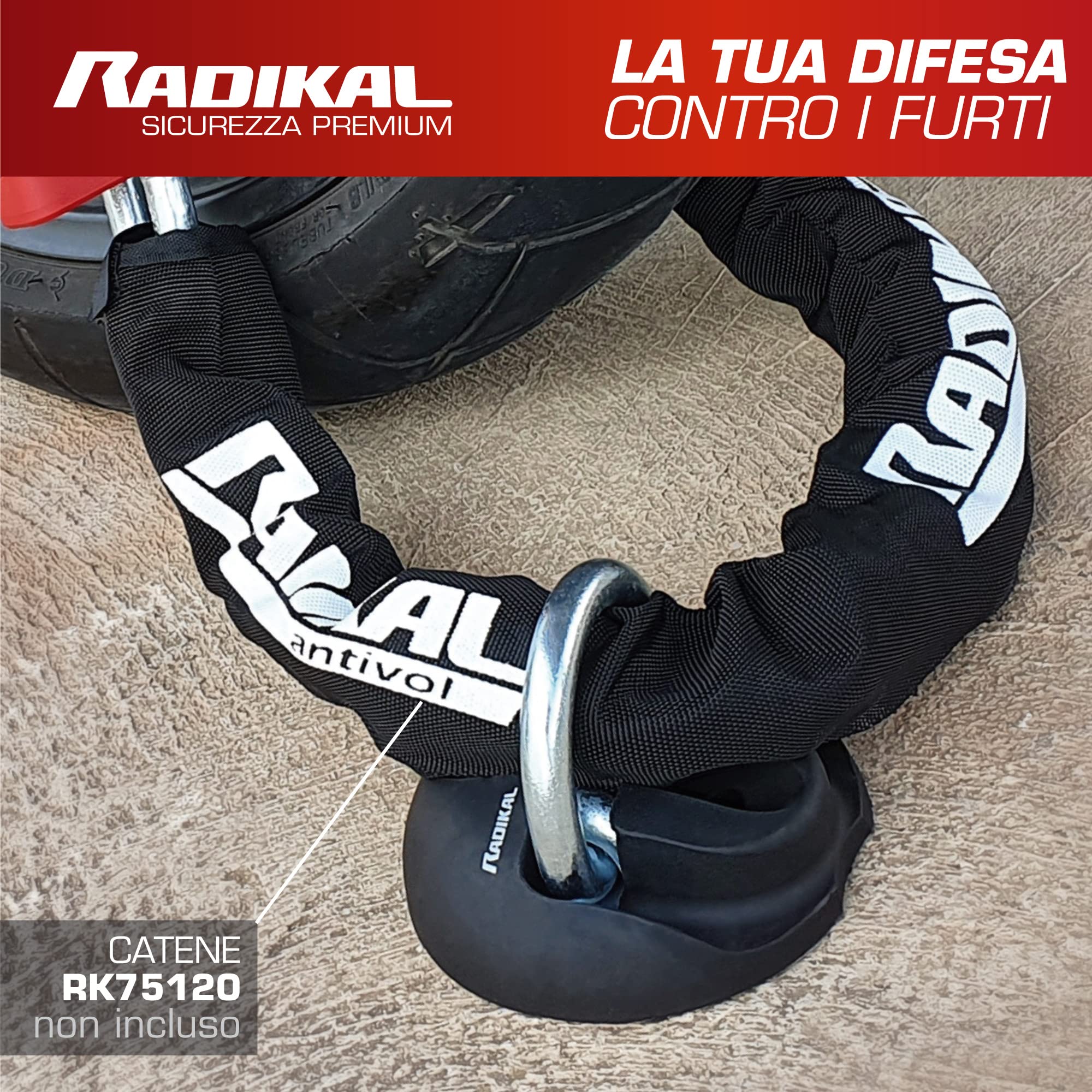 RADIKAL RK54 - Ancoraggio antifurto Garage Moto, roulotte, Garage, rimorchi, in Acciaio ad Alta Resistenza con Braccio oscillante