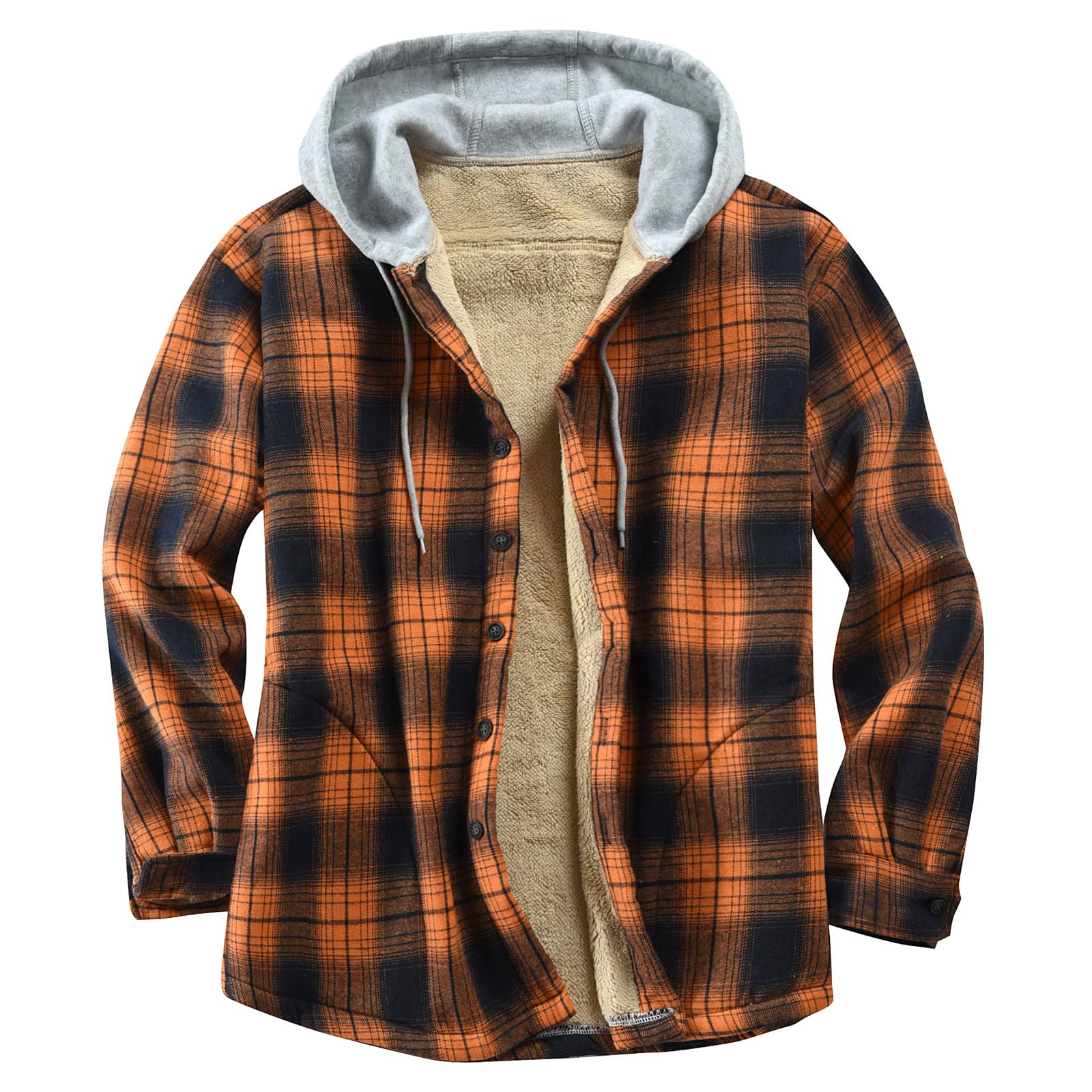 Mens Cotton Plaid Shirts Jacket Fleece Lined Flannel Shirts Sherpa Button Down Jackets with Hood for Men