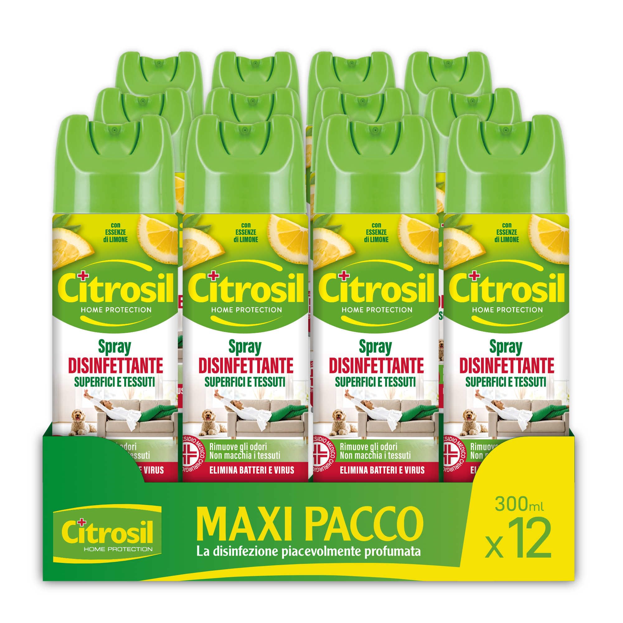 Citrosil Disinfettante Spray, Superfici e Tessuti, Elimina Fino al 99,9% di Virus e Batteri, Essenze di Limone, 300 ml