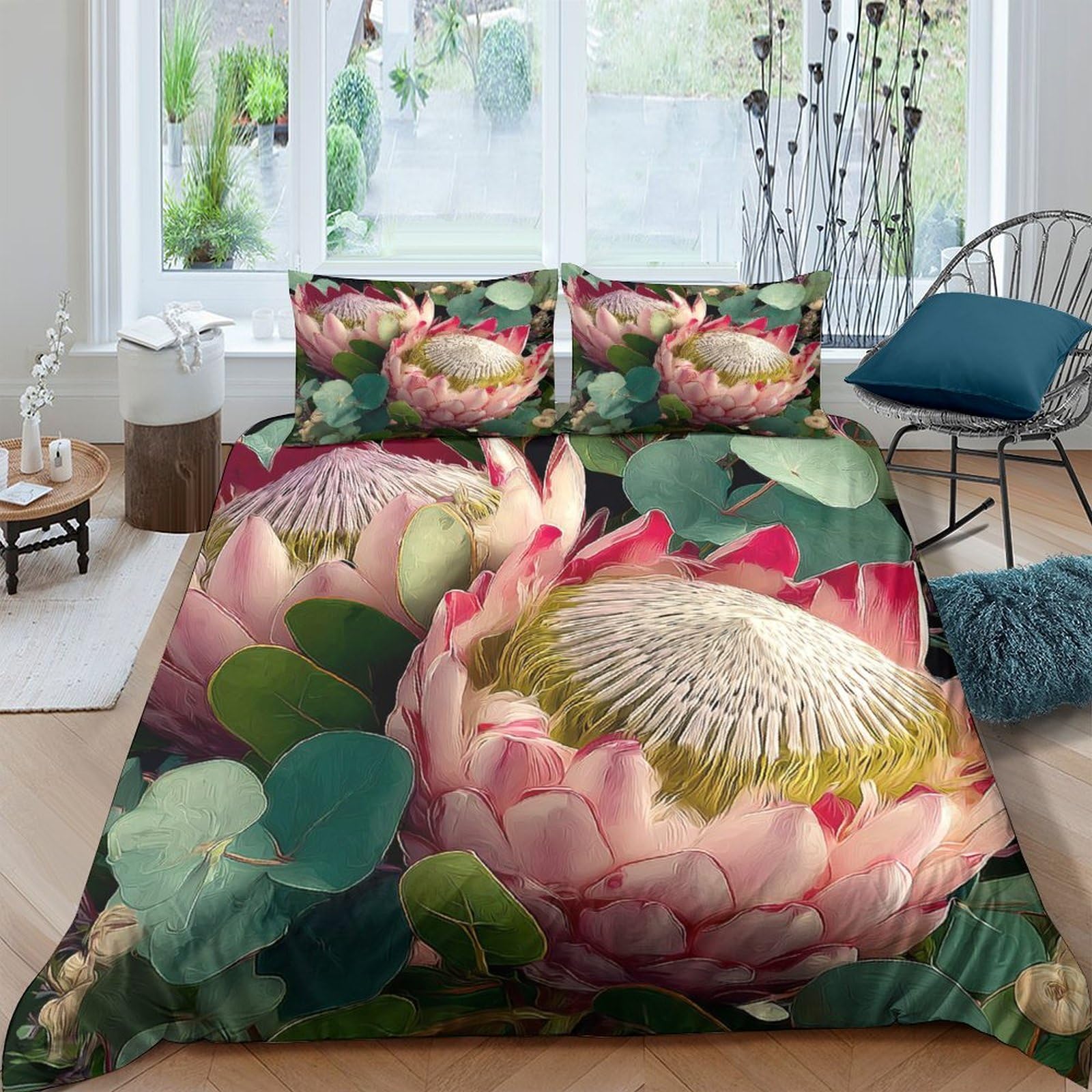 Ctjqhvkz Style-4 3D Printed Pink Protea Flower Fitted Sheet Microfiber Soft Botanical Green Leaves Mattress Cover Bedroom Decor Single（135X200cm）