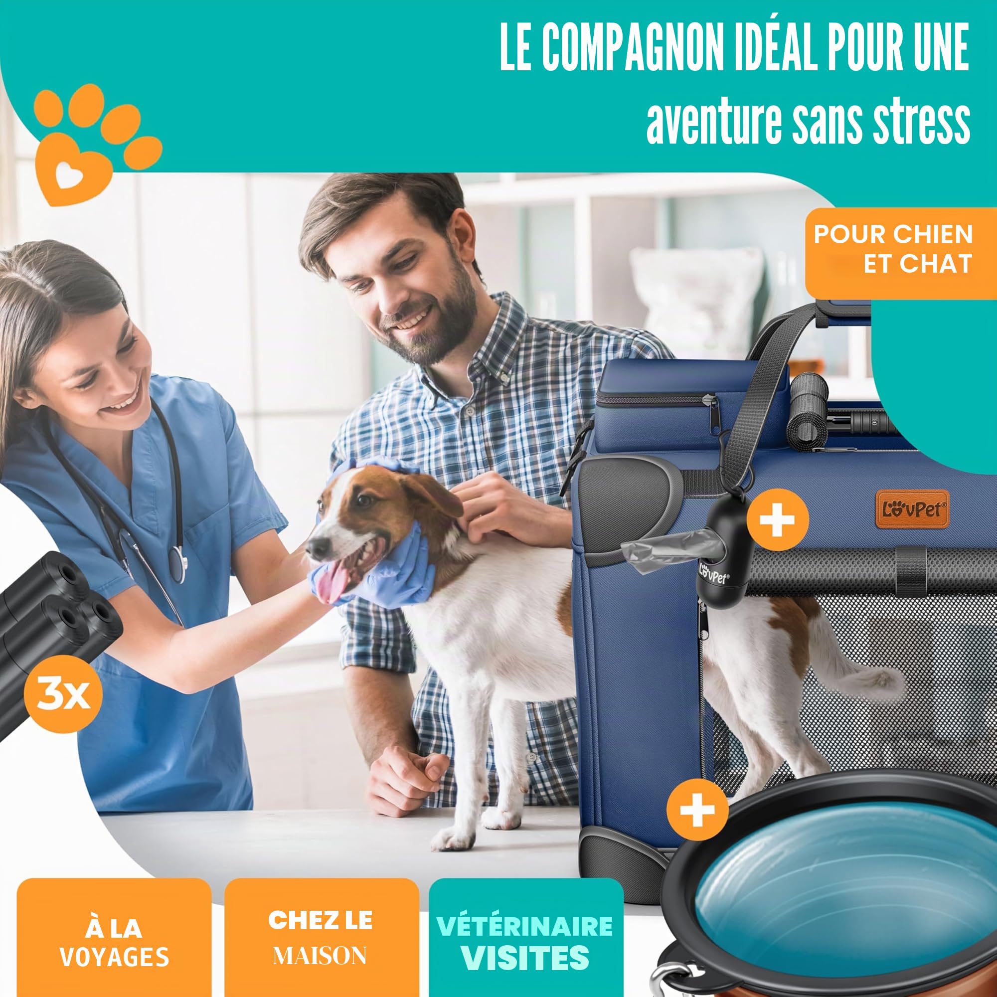 Lovpet® Boîte de transport pliable pour chien avec gamelle, XXL, 91,4 x 63,5 x 63,5 cm - Sac de transport pour animaux de compagnie, chiens et chats - Bleu marine