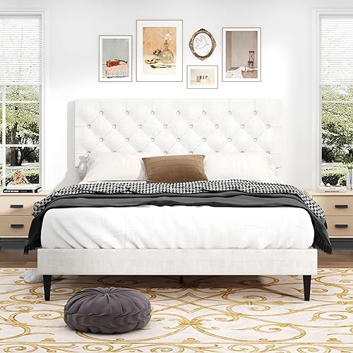 Miniatura 95 de BarnFurin Base de cama de tamaño matrimonial con cabecero, cama de plataforma tapizada con cabecera capitonada con botones ajustables, marco de cama