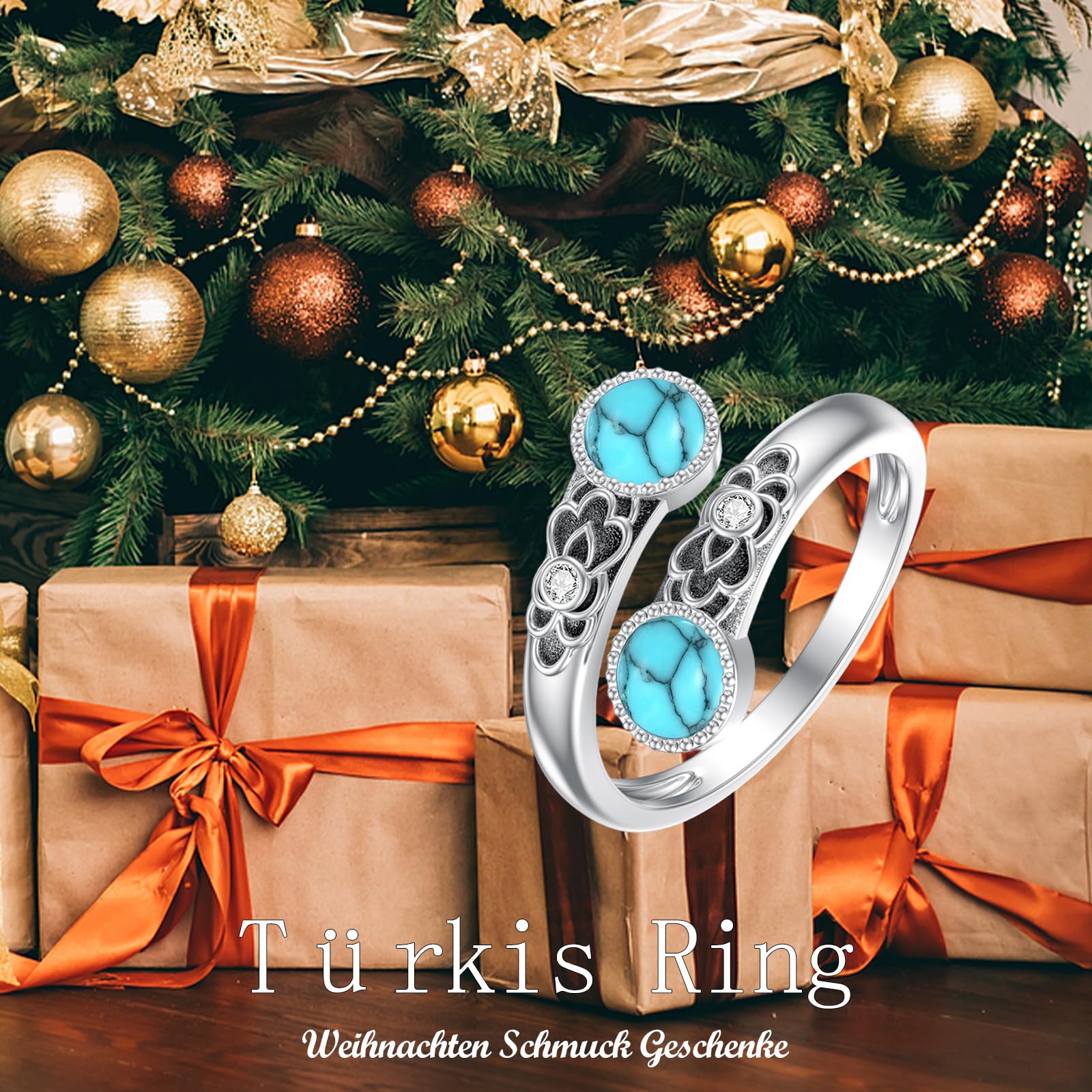 Anillos de turquesa de plata de ley 925, anillos de doble piedra, vintage, floral, ajustable, turquesa, regalo para mujer, Plata de ley, Turquesa