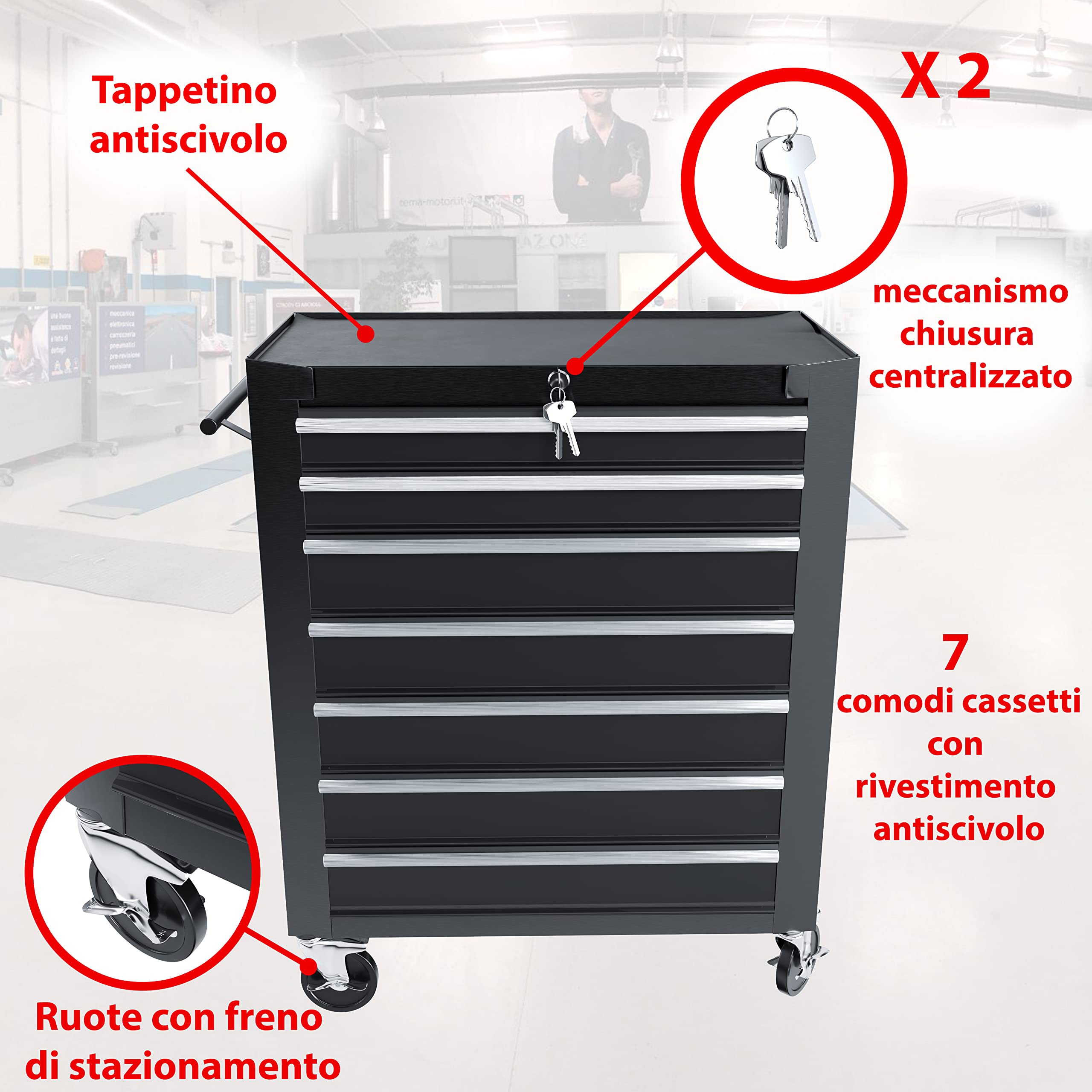 Carrello Da Officina Con 7 Scomparti In Metallo Cassetti Con Serratura Centralizzata Rivestimento Antiscivolo E Ruote Con Freno Di Stazionamento Porta Attrezzi 77.5 x 33 x 70 Cm (Nero)