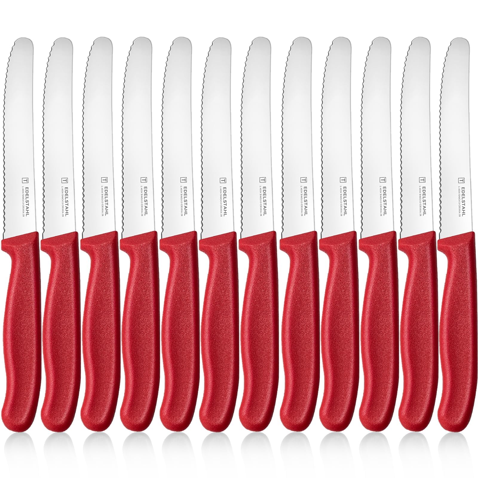 targzier Frühstücksmesser 12 Stück,Hochwertige Tomatenmesser Wellenschliff,Rot Brötchenmesser aus Edelstahl,Scharfe Tafelmesser für Brotzeit,Kunststoffgriff Besteck Messer Set&Spülmaschinenfest